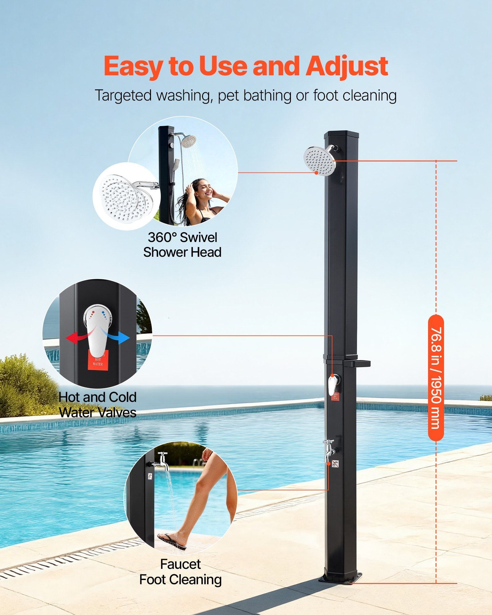 35L Solar Heated Shower, 195cm Showerhead Height Outdoor Shower, with Foot Faucet & Soap Box Rack, Hot & Cold Water Adjustment, Freestanding for Backyard Poolside Beach Pool,Black