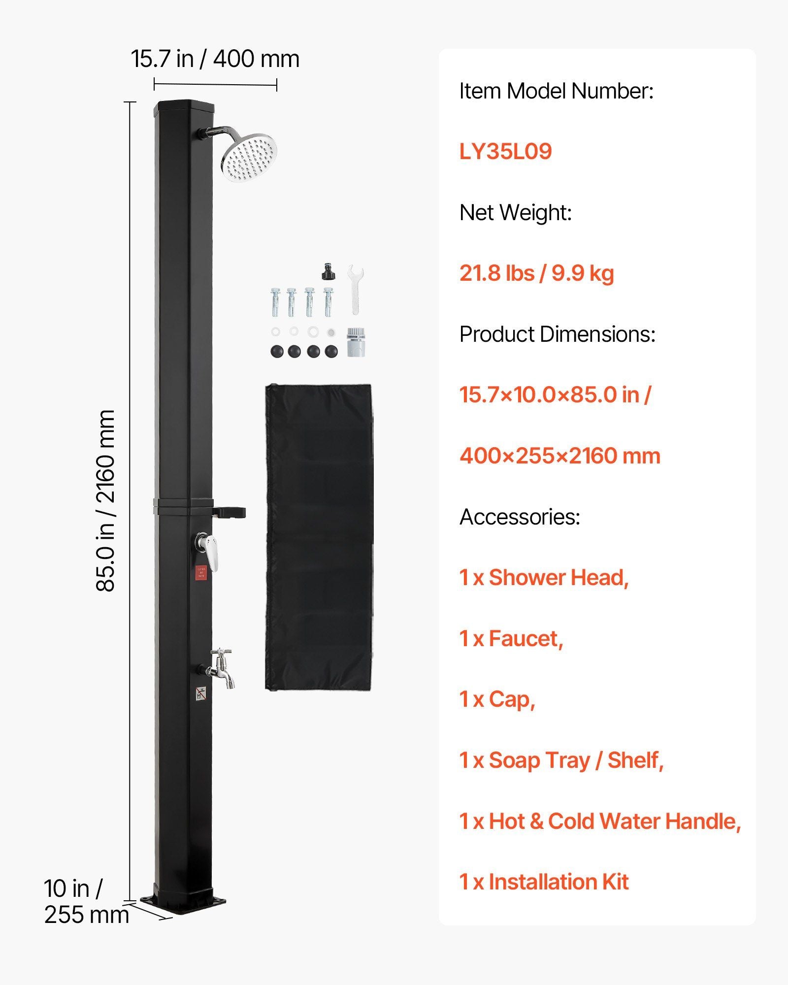 35L Solar Heated Shower, 195cm Showerhead Height Outdoor Shower, with Foot Faucet & Soap Box Rack, Hot & Cold Water Adjustment, Freestanding for Backyard Poolside Beach Pool,Black