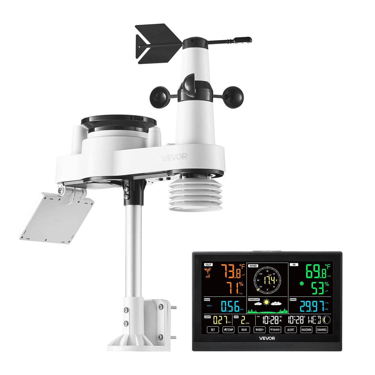 VEVOR 7-in-1 Wi-Fi Weather Station with APP, 190.5 mm VA Display, Wireless Solar Powered Outdoor Sensor, Rain Gauge, Indoor Outdoor for Weather Forecast, Wind Speed, Temperature, Humidity, Rainfall