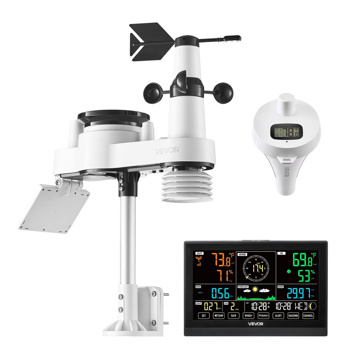 VEVOR 7-in-1 Wi-Fi Weather Station with APP, 190.5 mm Display, Wireless Solar Powered Outdoor Sensor, with Pool Thermometer, Rain Gauge, Indoor Outdoor for Weather Forecast Wind Speed Pool Temperature