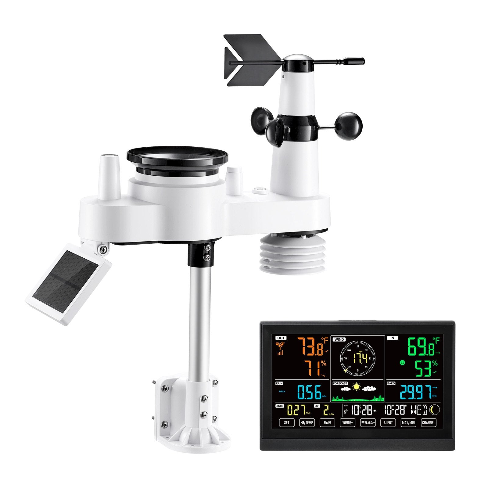 VEVOR 7-in-1 Wireless Weather Station, 190.5 mm VA Display, Solar Powered Outdoor Sensor, Rain Gauge, Indoor Outdoor for Weather Forecast, Temperature, Humidity, Wind Speed and Direction (No WiFi)