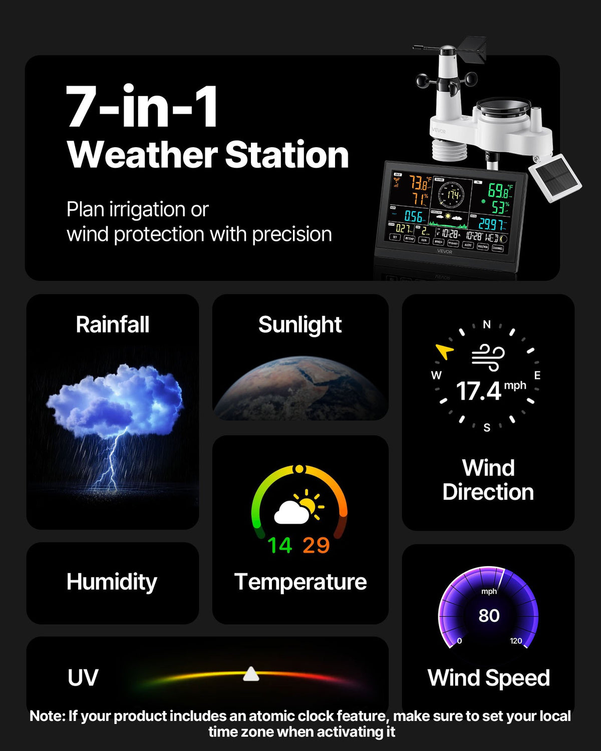 VEVOR 7-in-1 Wireless Weather Station, 190.5 mm VA Display, Solar Powered Outdoor Sensor, Rain Gauge, Indoor Outdoor for Weather Forecast, Temperature, Humidity, Wind Speed and Direction (No WiFi)