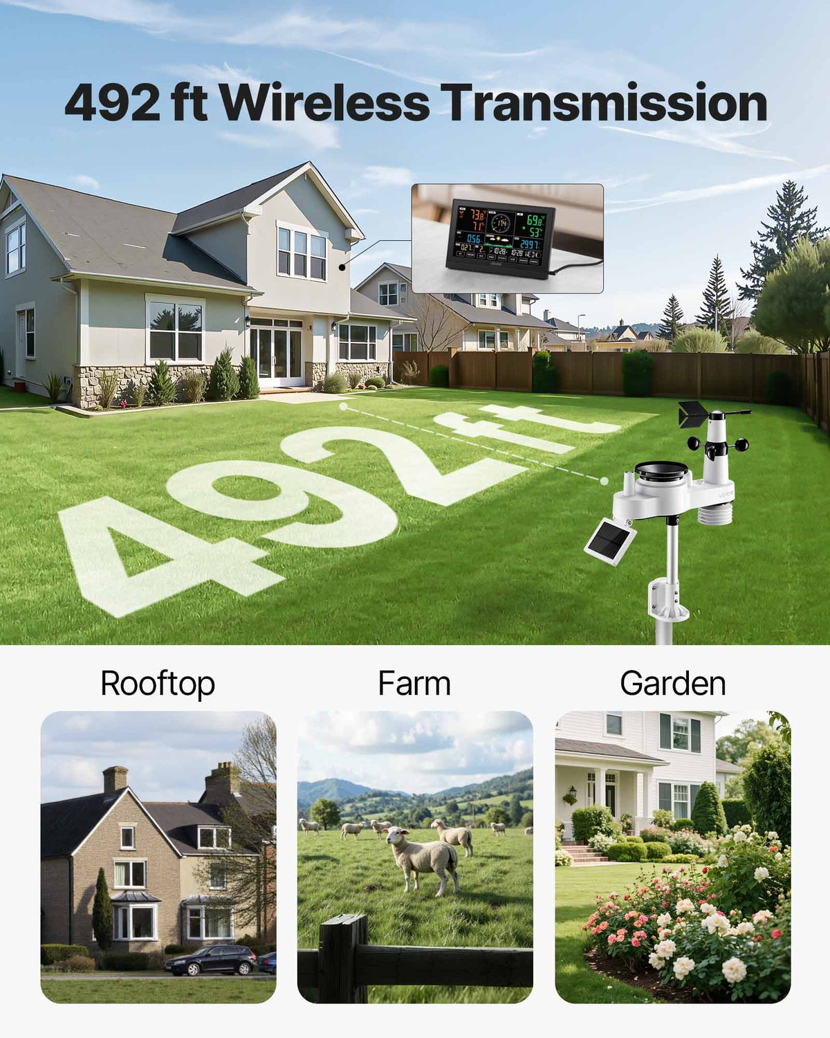 VEVOR 7-in-1 Wireless Weather Station, 190.5 mm VA Display, Solar Powered Outdoor Sensor, Rain Gauge, Indoor Outdoor for Weather Forecast, Temperature, Humidity, Wind Speed and Direction (No WiFi)