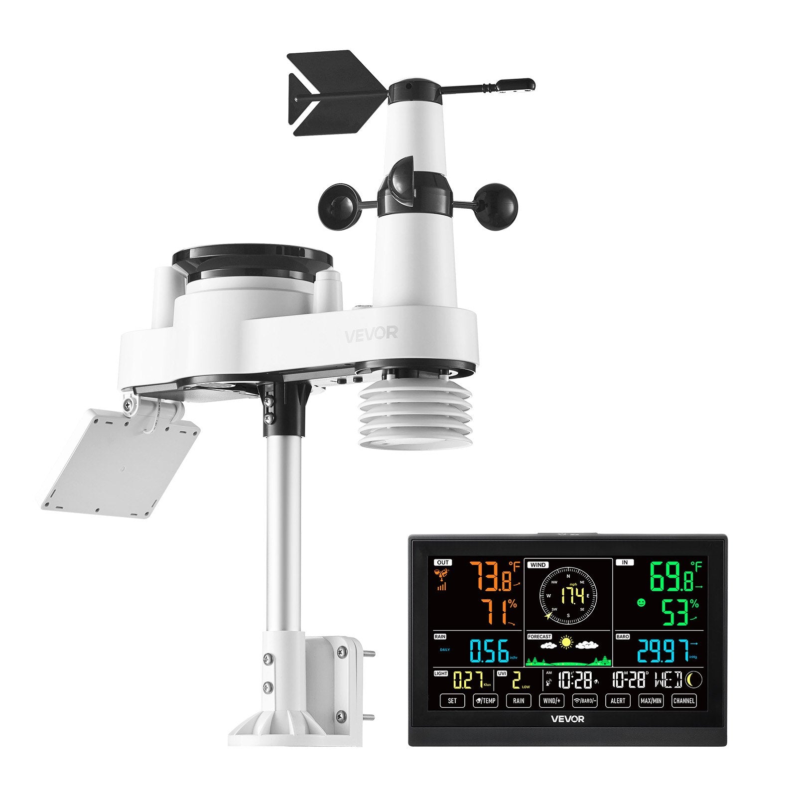 VEVOR 7-in-1 Wireless Weather Station, 190.5 mm VA Display, Solar Powered Outdoor Sensor, Rain Gauge, Indoor Outdoor for Weather Forecast, Temperature, Humidity, Wind Speed and Direction (No WiFi)