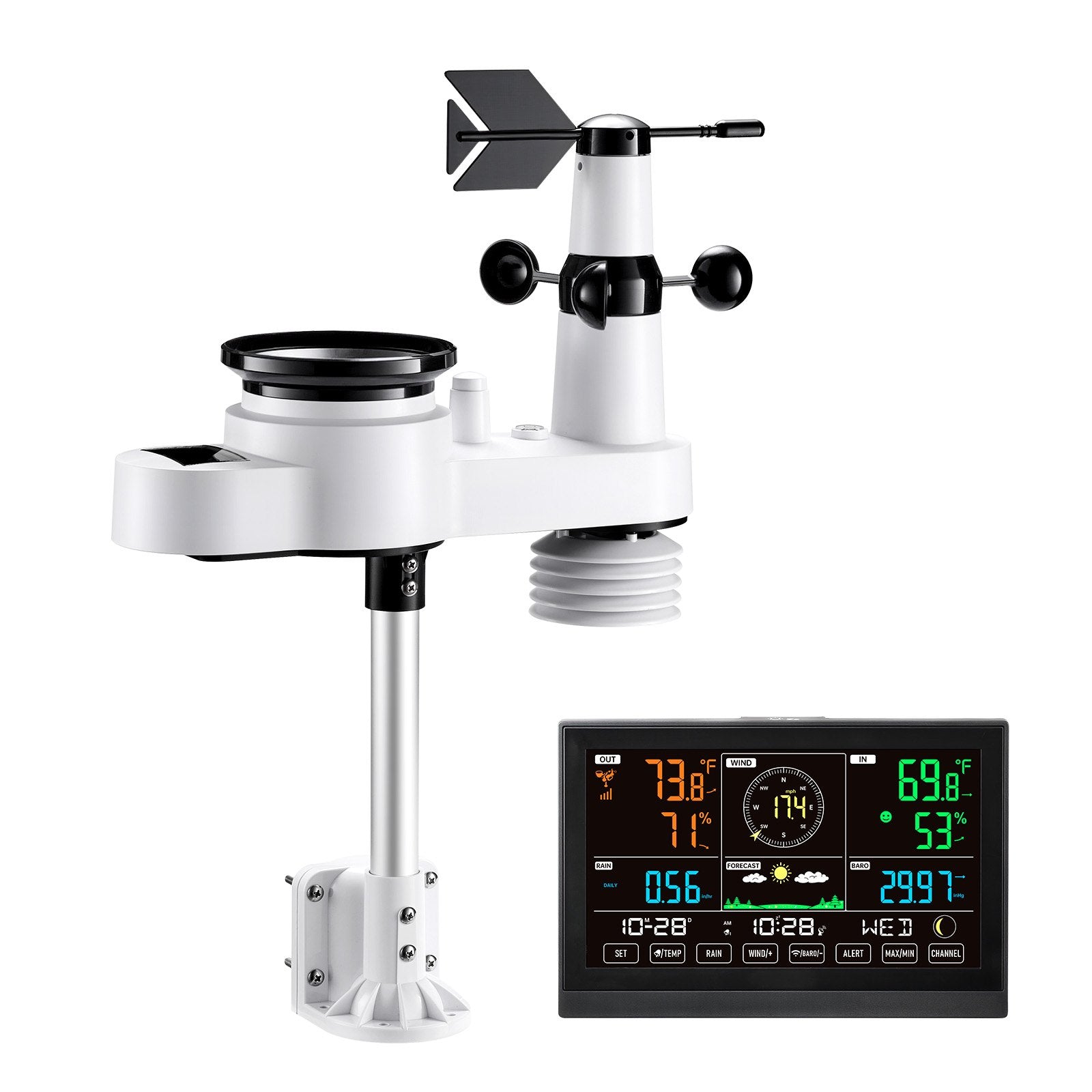 VEVOR 5-in-1 Wireless Weather Station, 190.5 mm VA Display, Solar Powered Outdoor Sensor, Rain Gauge, Indoor Outdoor for Weather Forecast, Temperature, Humidity, Wind Speed and Direction (No WiFi)