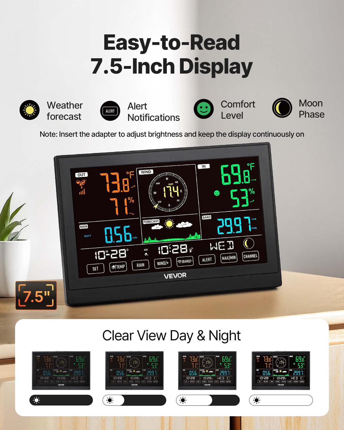 VEVOR 5-in-1 Wireless Weather Station, 190.5 mm VA Display, Solar Powered Outdoor Sensor, Rain Gauge, Indoor Outdoor for Weather Forecast, Temperature, Humidity, Wind Speed and Direction (No WiFi)