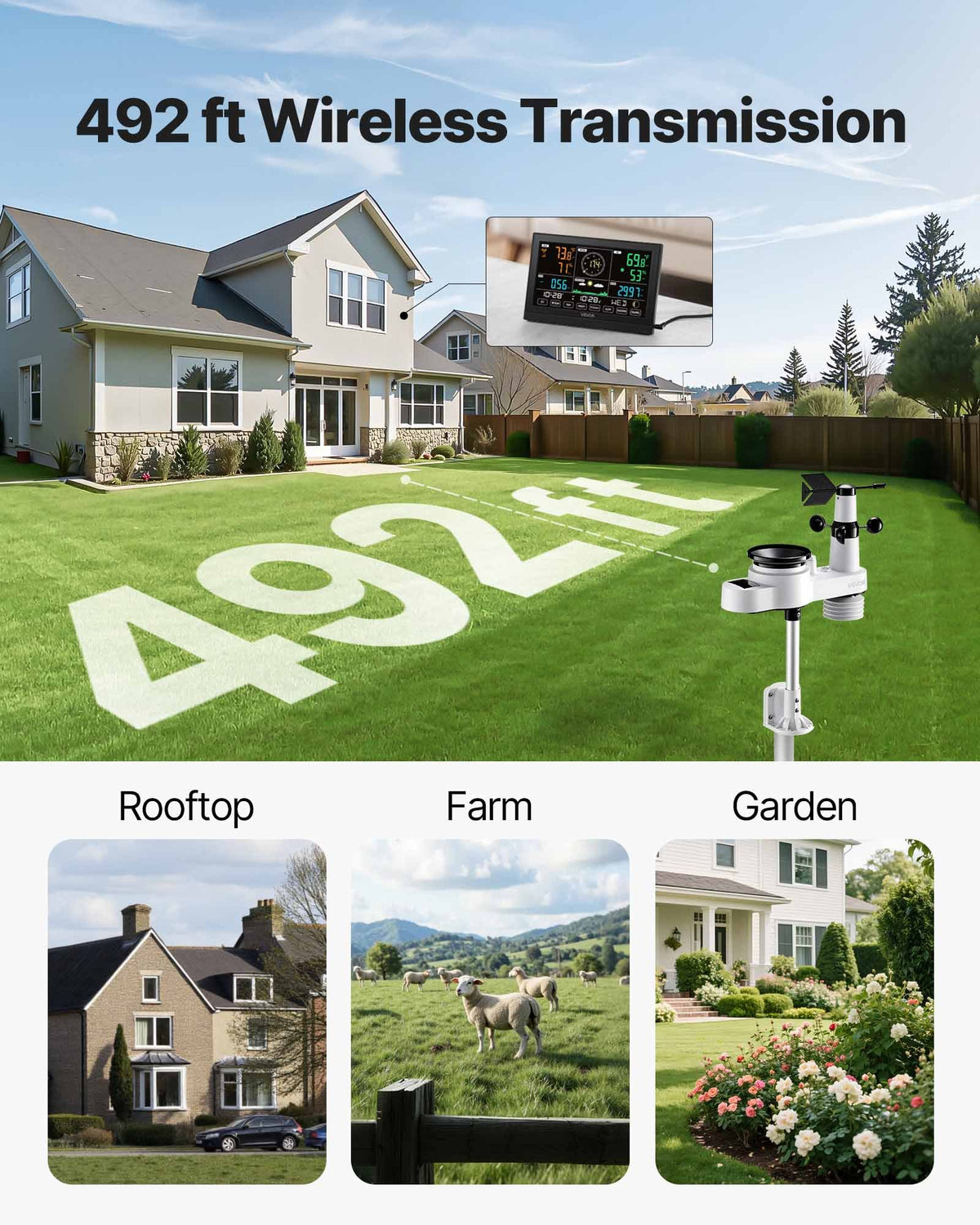 VEVOR 5-in-1 Wireless Weather Station, 190.5 mm VA Display, Solar Powered Outdoor Sensor, Rain Gauge, Indoor Outdoor for Weather Forecast, Temperature, Humidity, Wind Speed and Direction (No WiFi)