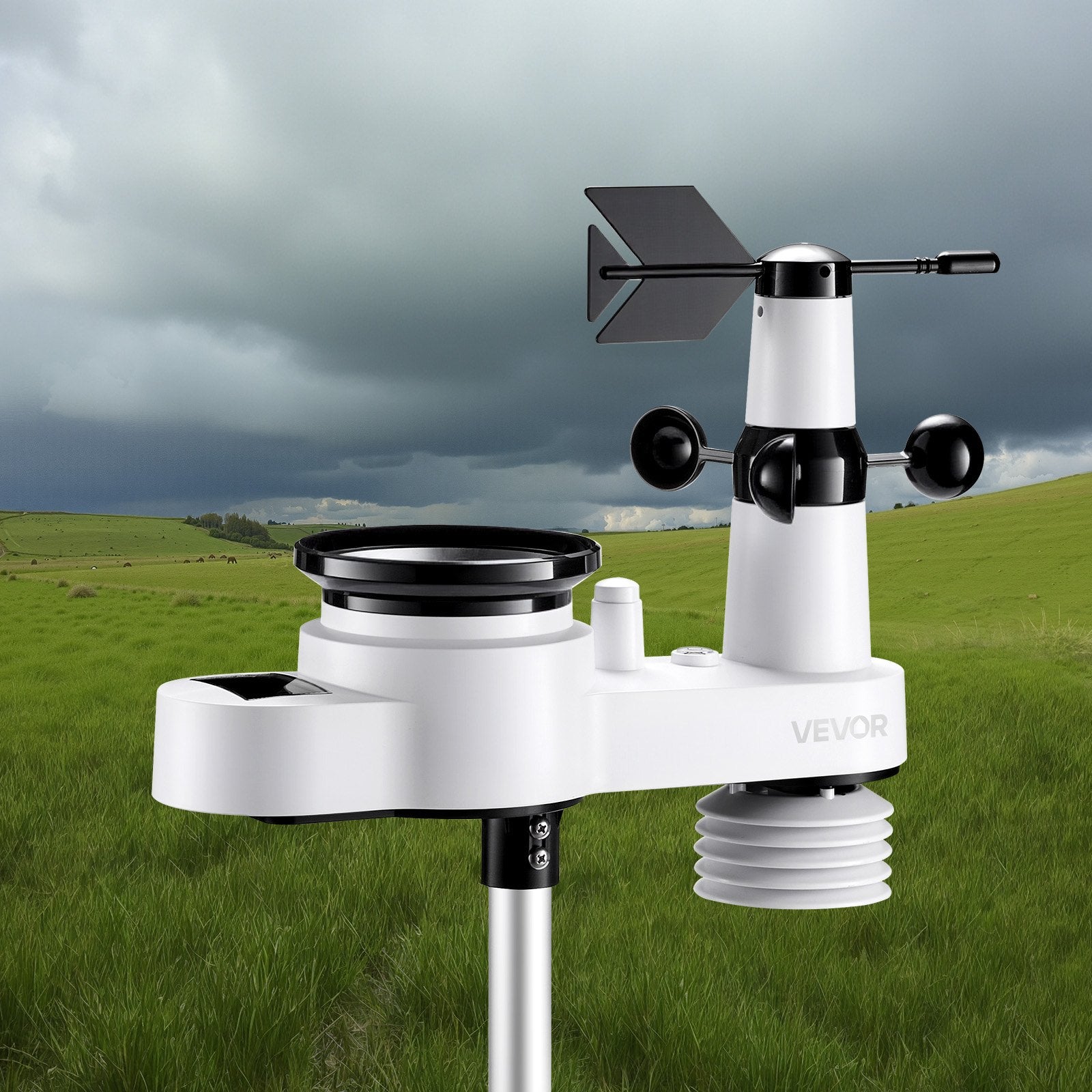 VEVOR 5-in-1 Wireless Weather Station, 190.5 mm VA Display, Solar Powered Outdoor Sensor, Rain Gauge, Indoor Outdoor for Weather Forecast, Temperature, Humidity, Wind Speed and Direction (No WiFi)