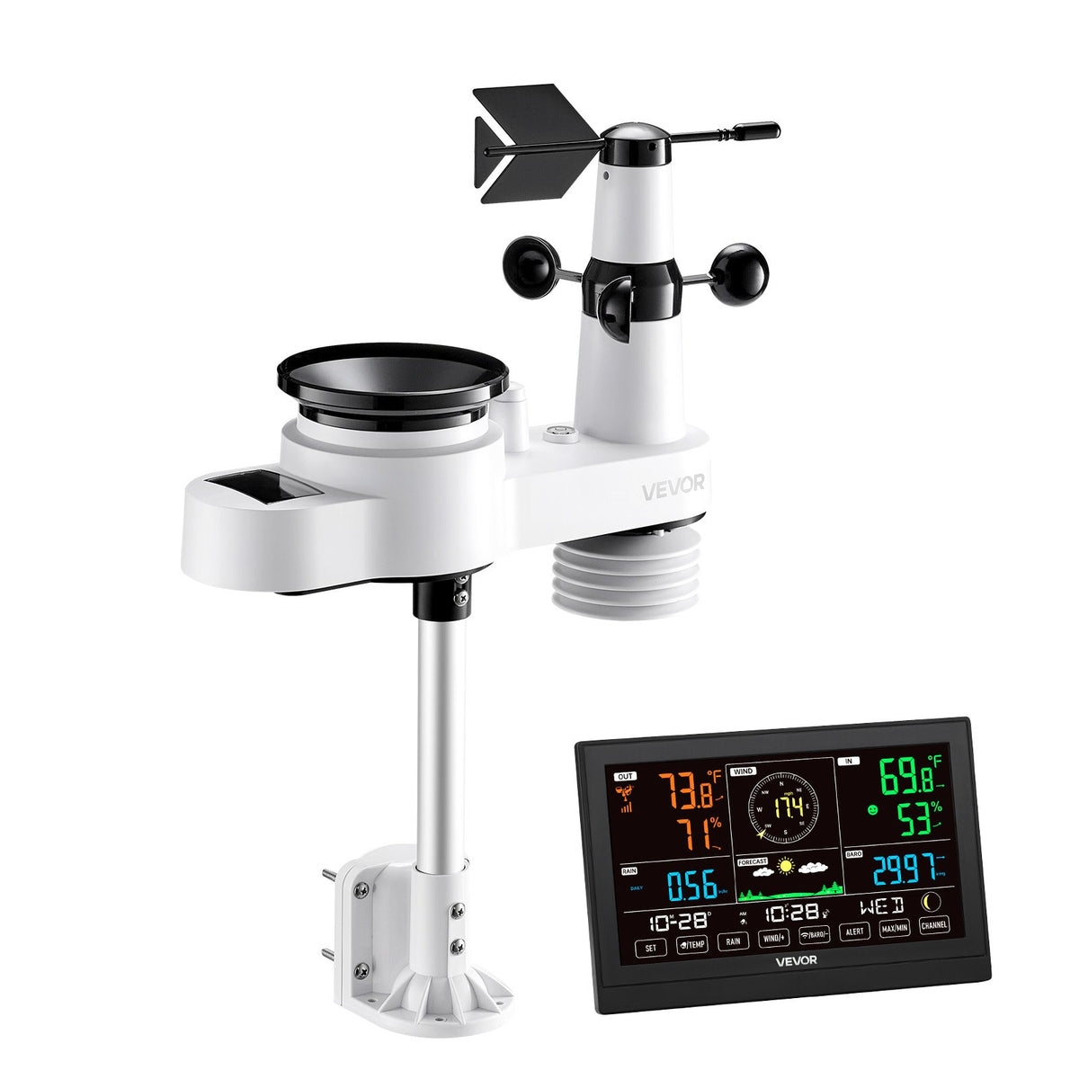 VEVOR 5-in-1 Wireless Weather Station, 190.5 mm VA Display, Solar Powered Outdoor Sensor, Rain Gauge, Indoor Outdoor for Weather Forecast, Temperature, Humidity, Wind Speed and Direction (No WiFi)