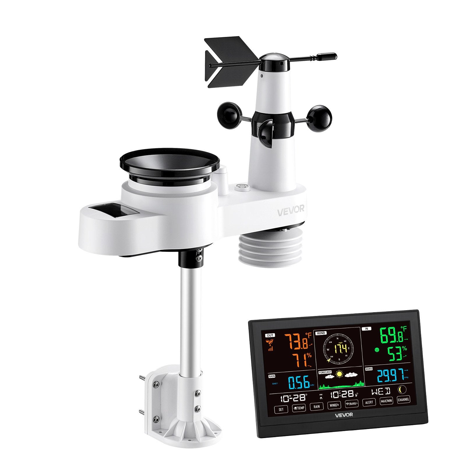 VEVOR 5-in-1 Wireless Weather Station, 190.5 mm VA Display, Solar Powered Outdoor Sensor, Rain Gauge, Indoor Outdoor for Weather Forecast, Temperature, Humidity, Wind Speed and Direction (No WiFi)