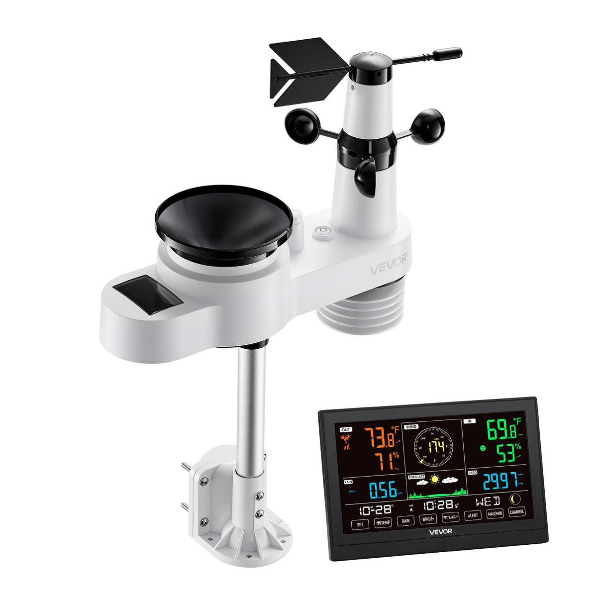VEVOR 5-in-1 Wireless Weather Station, 190.5 mm VA Display, Solar Powered Outdoor Sensor, Rain Gauge, Indoor Outdoor for Weather Forecast, Temperature, Humidity, Wind Speed and Direction (No WiFi)