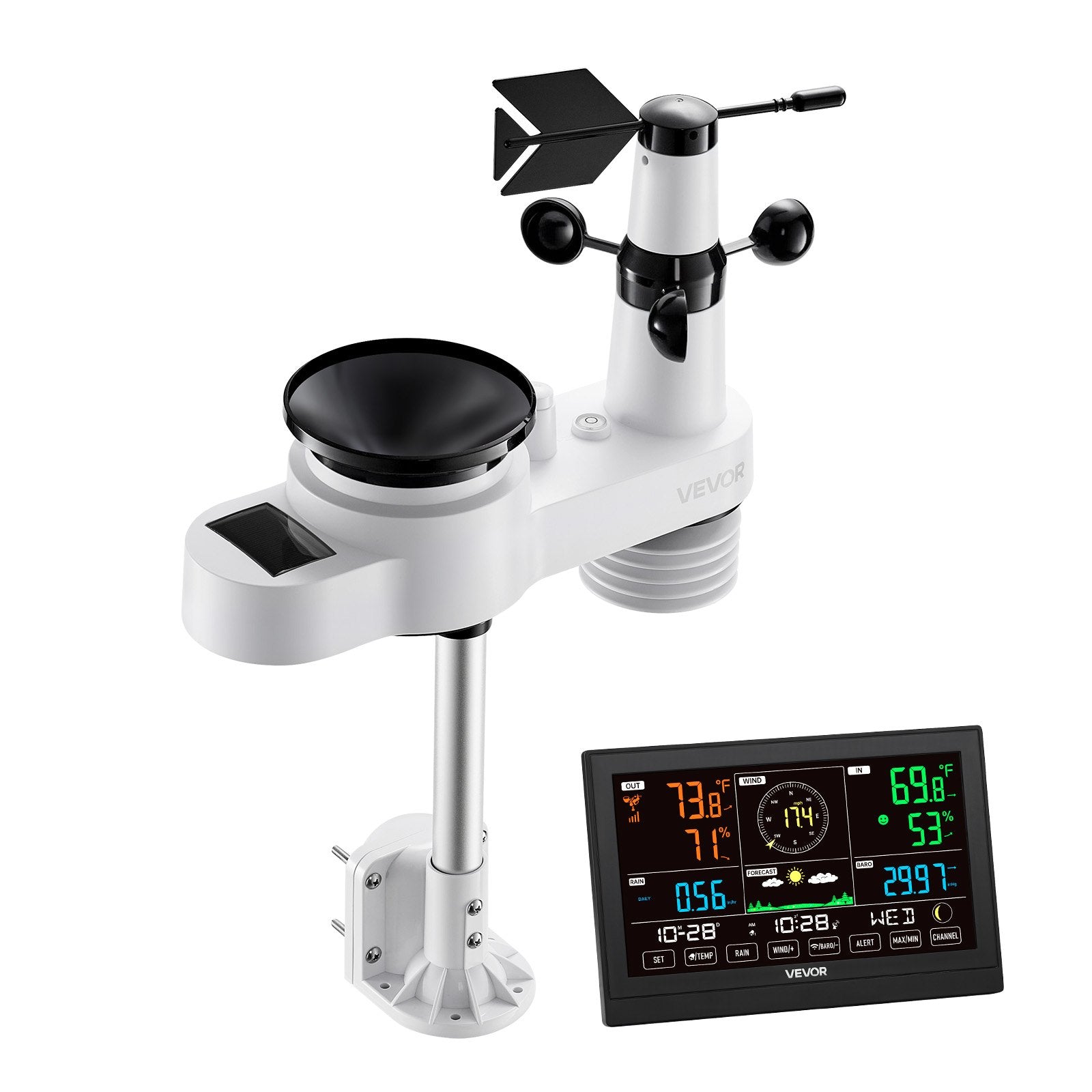 VEVOR 5-in-1 Wireless Weather Station, 190.5 mm VA Display, Solar Powered Outdoor Sensor, Rain Gauge, Indoor Outdoor for Weather Forecast, Temperature, Humidity, Wind Speed and Direction (No WiFi)