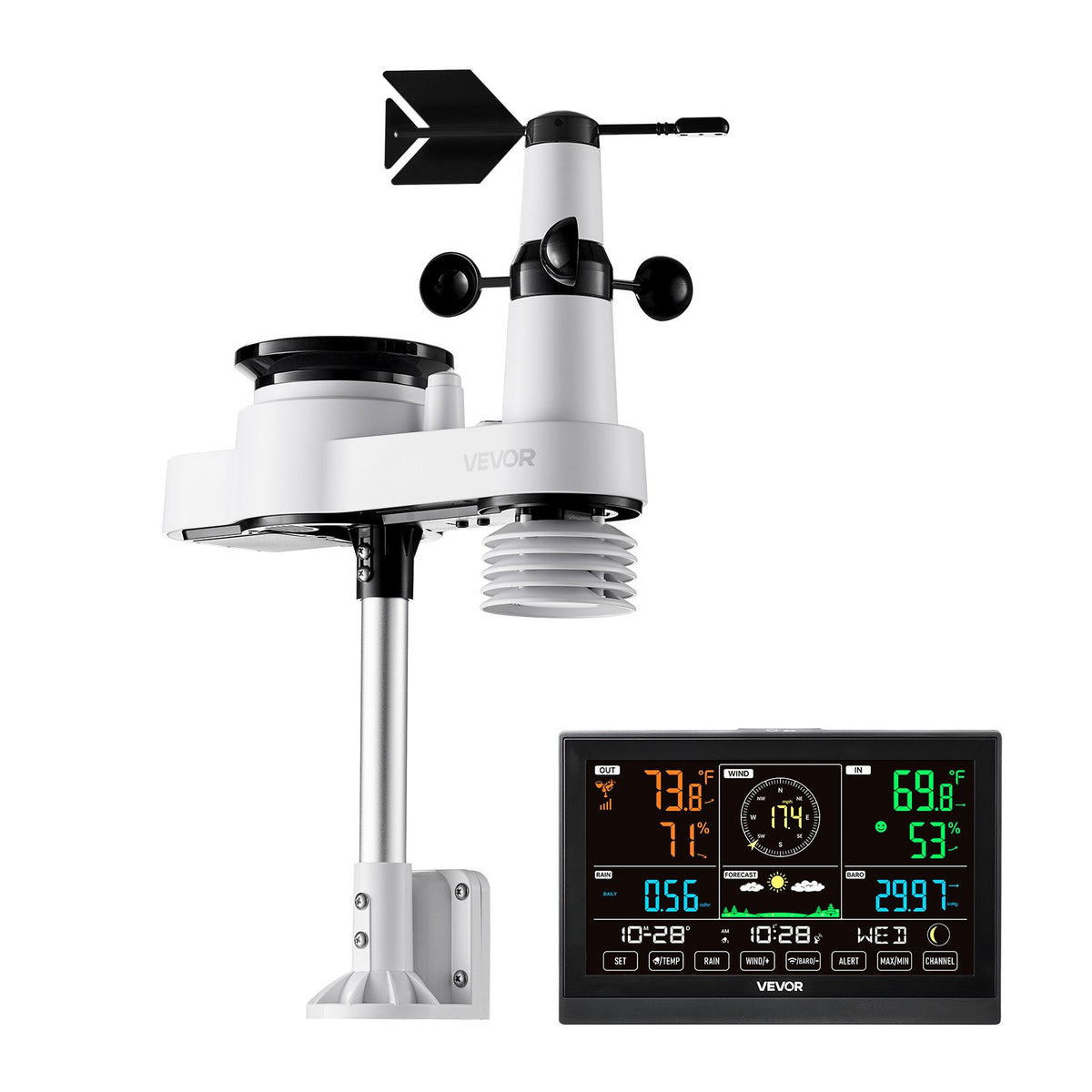 VEVOR 5-in-1 Wireless Weather Station, 190.5 mm VA Display, Solar Powered Outdoor Sensor, Rain Gauge, Indoor Outdoor for Weather Forecast, Temperature, Humidity, Wind Speed and Direction (No WiFi)