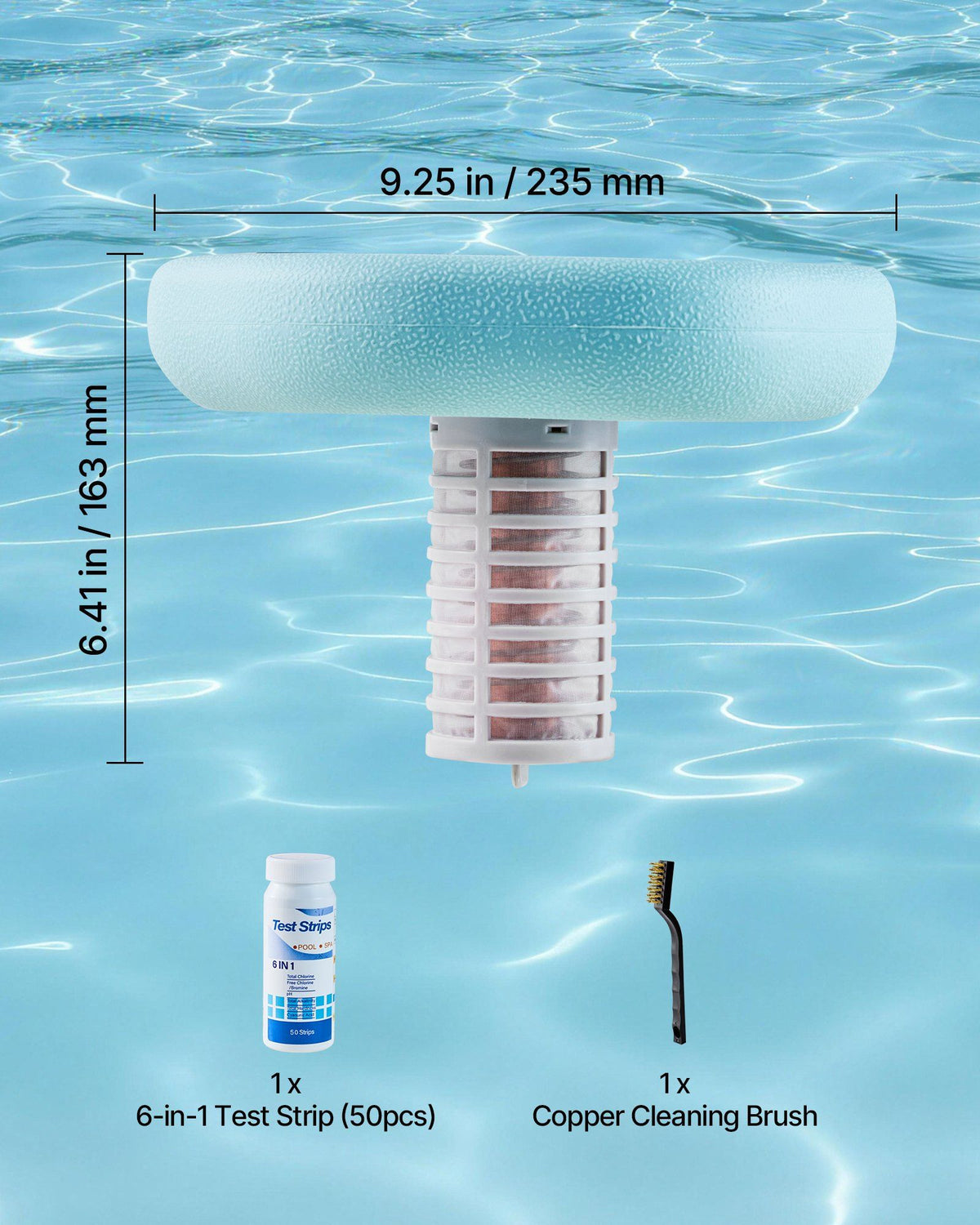 Solar Pool Ionizer, Hexagon Copper Pool Ionizer Up to 170343 L, Floating Automatic Water Cleaner and Purifier, Chlorine Free Water, with Copper Anode, Spring, Brush and Filter for Pools & Spas