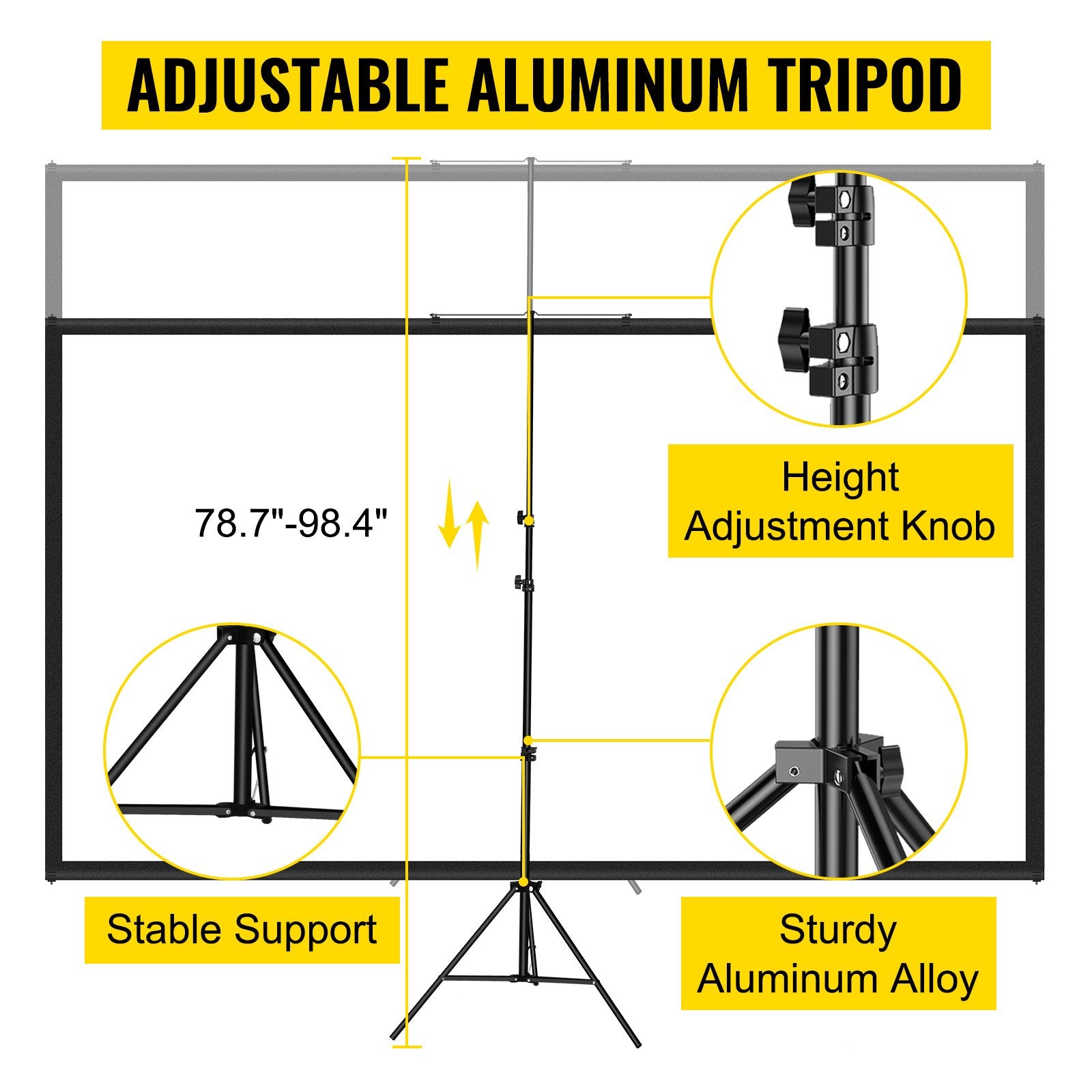VEVOR Tripod Projector Screen with Stand 80 inch 16:9 4K HD Projection Screen Stand Wrinkle-Free Height Adjustable Portable Screen for Projector Indoor & Outdoor for Movie, Home Cinema, Gaming, Office