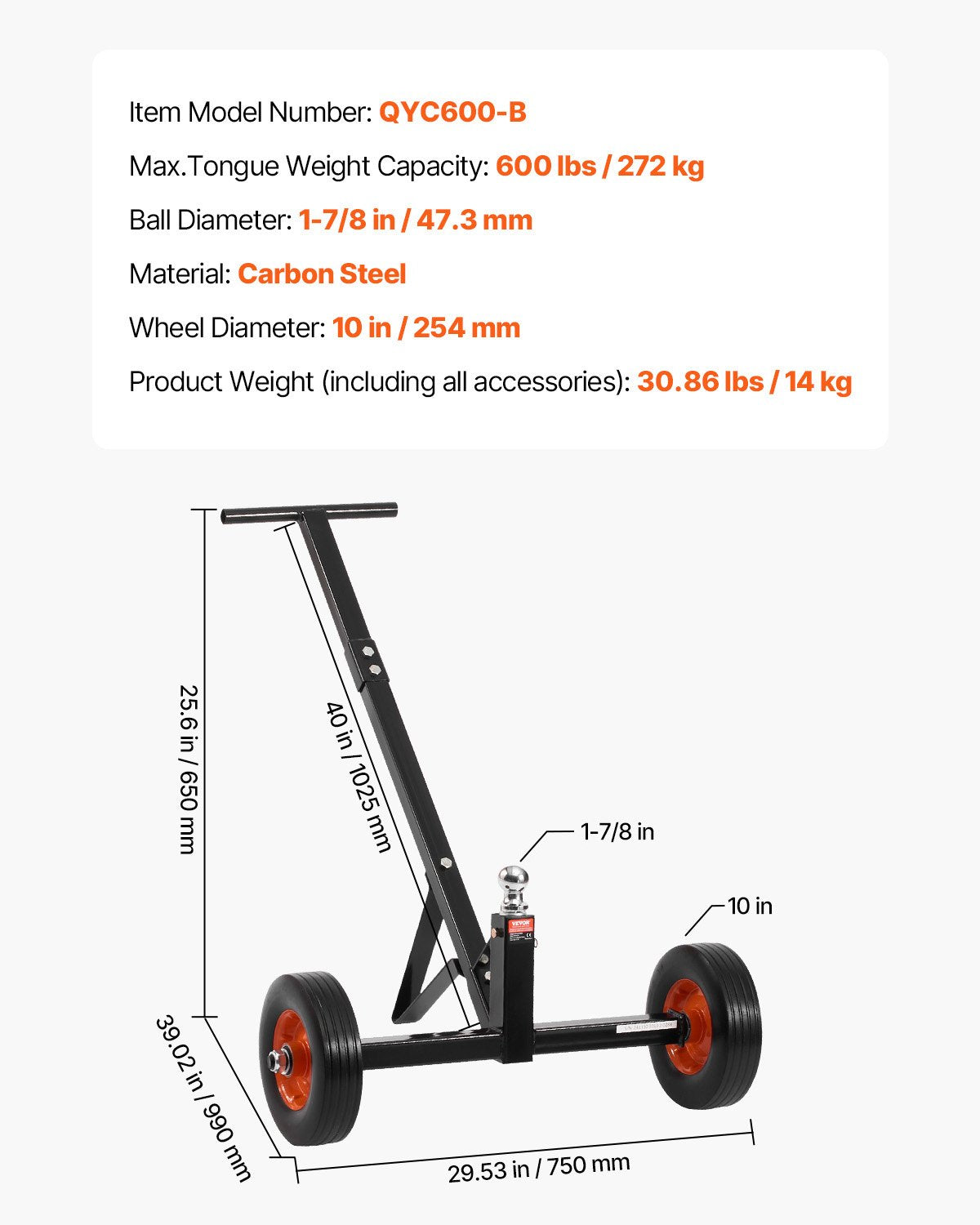 VEVOR Trailer Dolly, 600lbs Tongue Weight Capacity, Carbon Steel Trailer Mover with 1-7/8 in Hitch Ball and 10 in Solid Tires, Portable Tow Dolly for Moving Car RV Boat Trailer