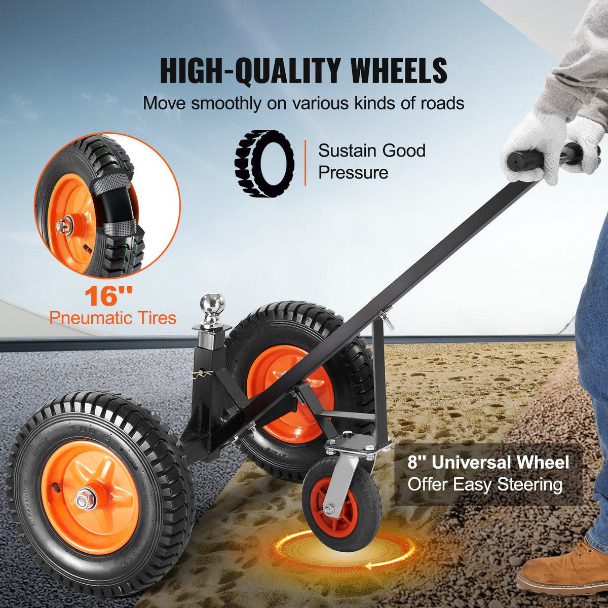 VEVOR Adjustable Trailer Dolly, 1000lbs Tongue Weight Capacity, Carbon Steel Trailer Mover with 19''-26'' Adjustable Height & 2'' Ball, 16'' Pneumatic Tires & Universal Wheel, for Moving RV Trailer