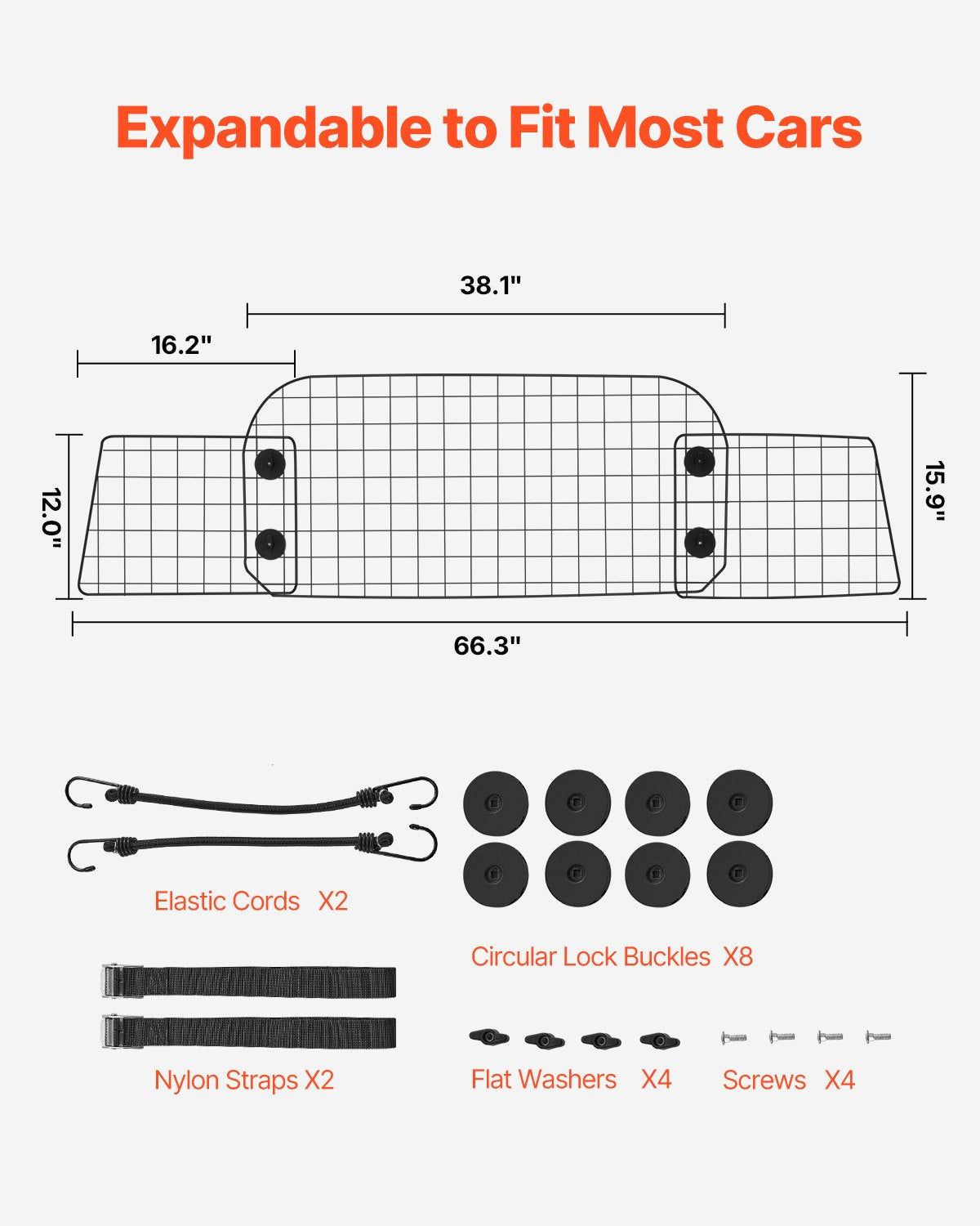 VEVOR Dog Car Barrier, 96.5-168.5cm Adjustable Car Divider for Trunk Cargo Area, Universal-Fit Back Seat Heavy-Duty Wire Mesh Dogs Separator Guard Net, Vehicle Pet Barrier for Sedans, Trucks and SUVs