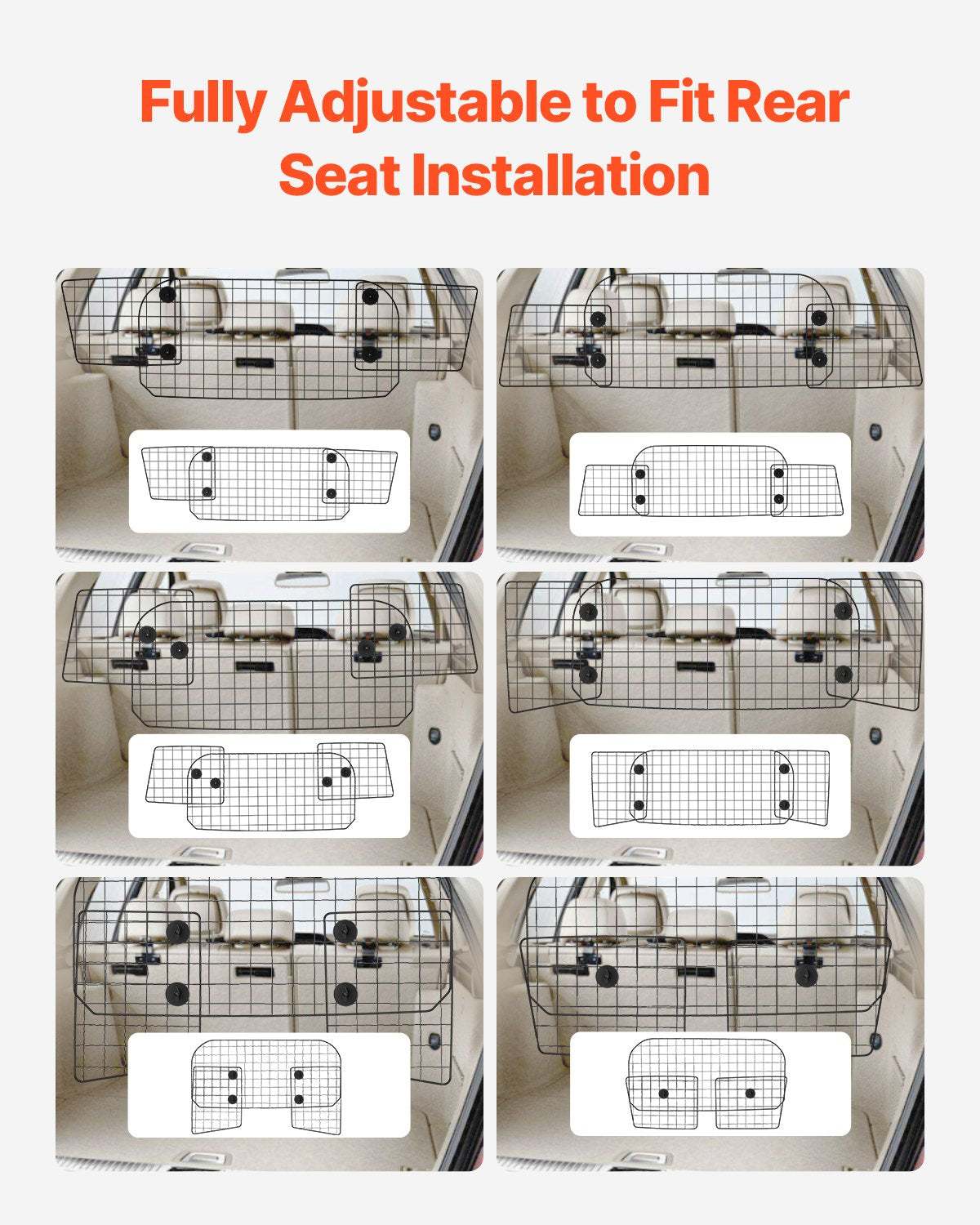 VEVOR Dog Car Barrier, 96.5-168.5cm Adjustable Car Divider for Trunk Cargo Area, Universal-Fit Back Seat Heavy-Duty Wire Mesh Dogs Separator Guard Net, Vehicle Pet Barrier for Sedans, Trucks and SUVs