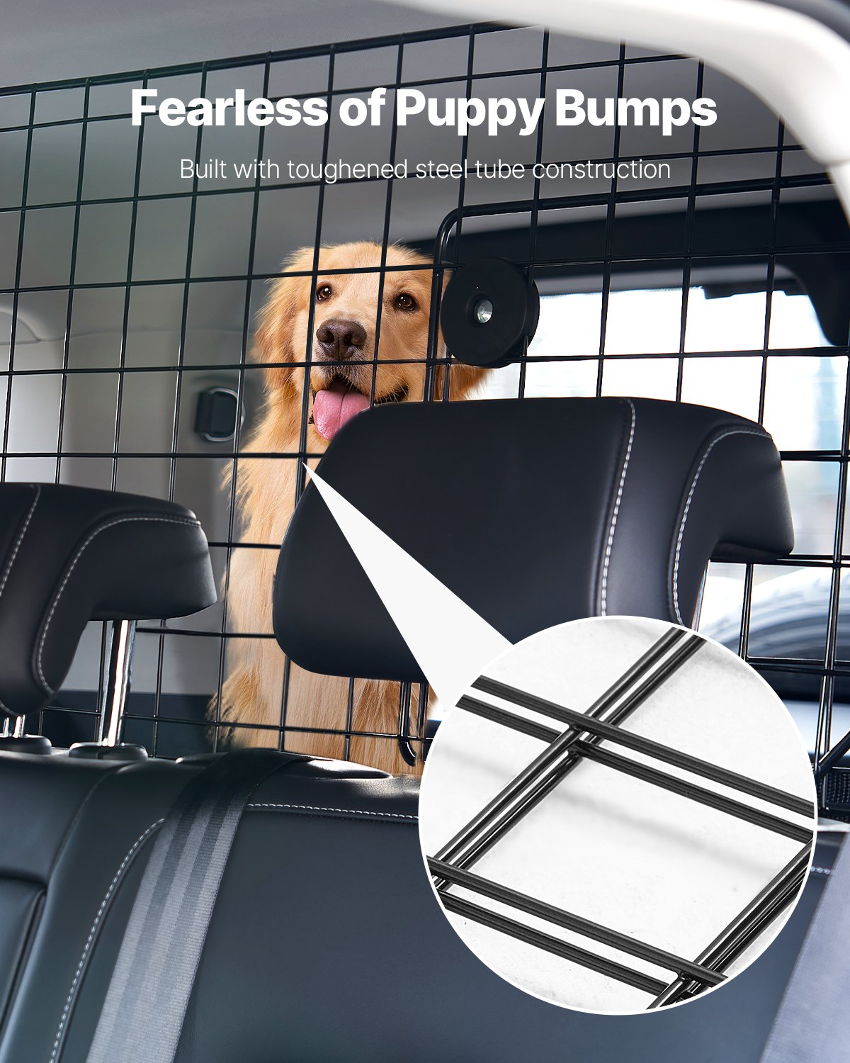 VEVOR Dog Car Barrier, 96.5-168.5cm Adjustable Car Divider for Trunk Cargo Area, Universal-Fit Back Seat Heavy-Duty Wire Mesh Dogs Separator Guard Net, Vehicle Pet Barrier for Sedans, Trucks and SUVs