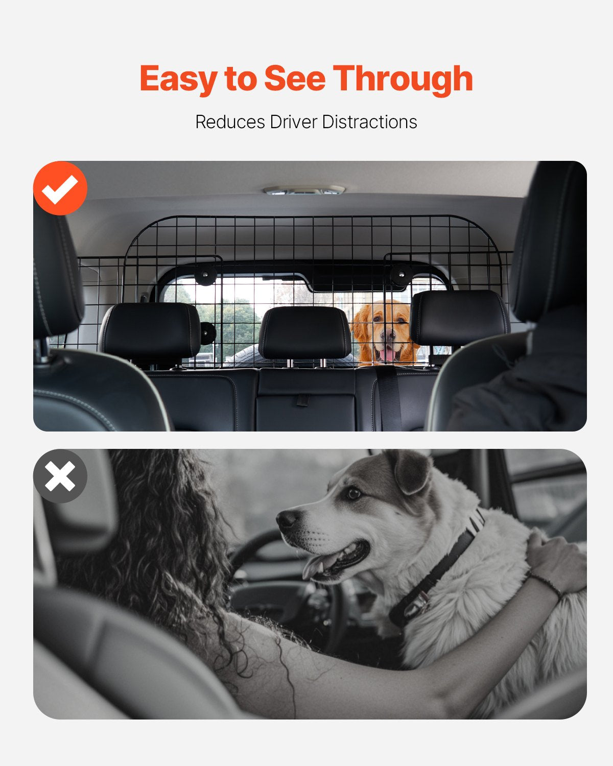 VEVOR Dog Car Barrier, 96.5-168.5cm Adjustable Car Divider for Trunk Cargo Area, Universal-Fit Back Seat Heavy-Duty Wire Mesh Dogs Separator Guard Net, Vehicle Pet Barrier for Sedans, Trucks and SUVs