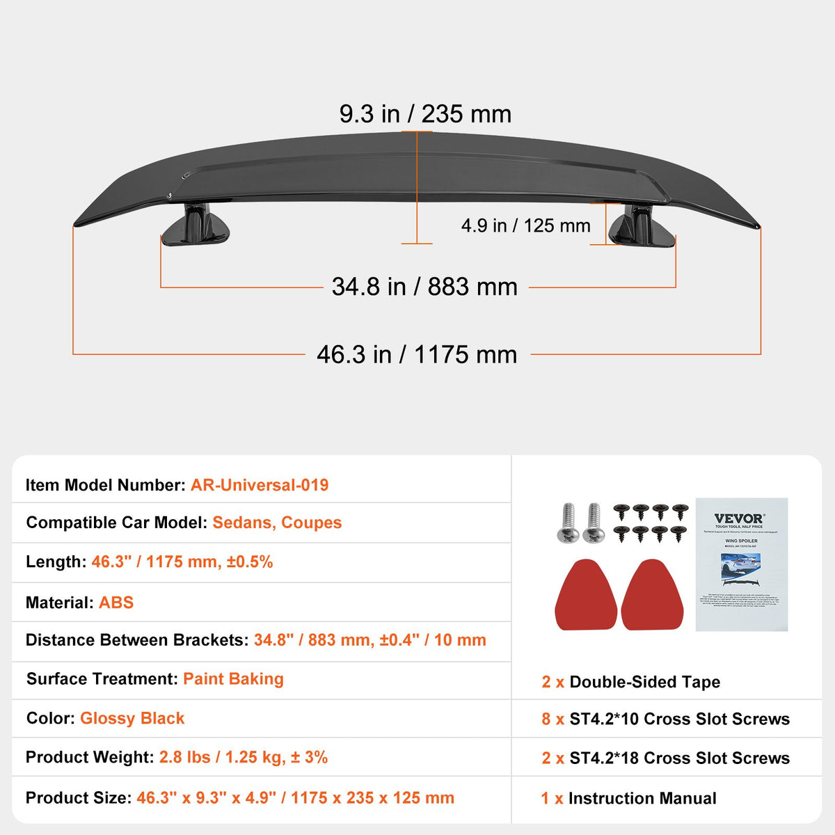 VEVOR Universal Rear Spoiler 46.3'' GT Style Trunk Wing for Sedans and Coupes