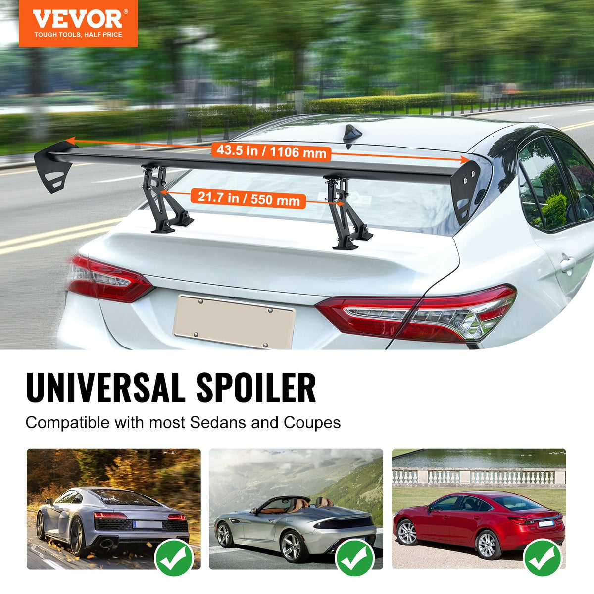 VEVOR Universal Rear Spoiler GT Style Adjustable Trunk Wing Car Racing 43.3''