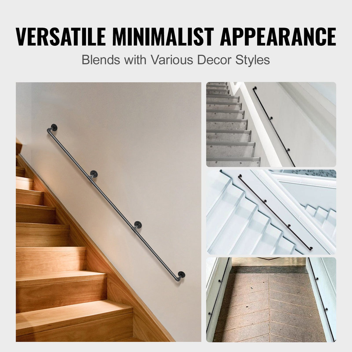 VEVOR Pipe Stair Handrail, 3m Staircase Handrail, 200KG Load Capacity Carbon Steel Pipe Handrail, Industrial Pipe Handrail with Wall Mount Support, Round Corner Wall Handrailing for Indoor, Outdoor
