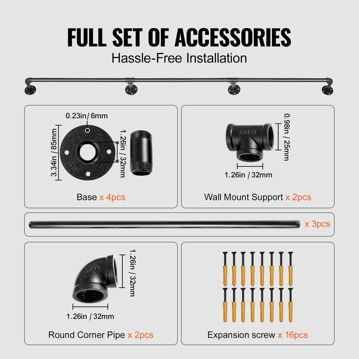 VEVOR Pipe Stair Handrail, 11FT Staircase Handrail, 440LBS Load Capacity Carbon Steel Pipe Handrail, Industrial Pipe Handrail with Wall Mount Support, Round Corner Wall Handrailing for Indoor, Outdoor