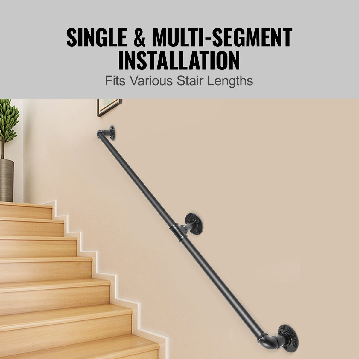 VEVOR Pipe Stair Handrail, 1.8m Staircase Handrail, 200KG Load Capacity Carbon Steel Pipe Handrail, Industrial Pipe Handrail with Wall Mount Support, Round Corner Wall Handrailings for Indoor, Outdoor