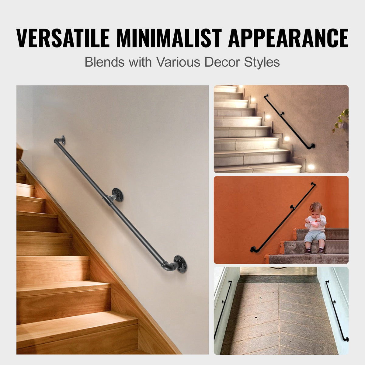 VEVOR Pipe Stair Handrail, 1.8m Staircase Handrail, 200KG Load Capacity Carbon Steel Pipe Handrail, Industrial Pipe Handrail with Wall Mount Support, Round Corner Wall Handrailings for Indoor, Outdoor