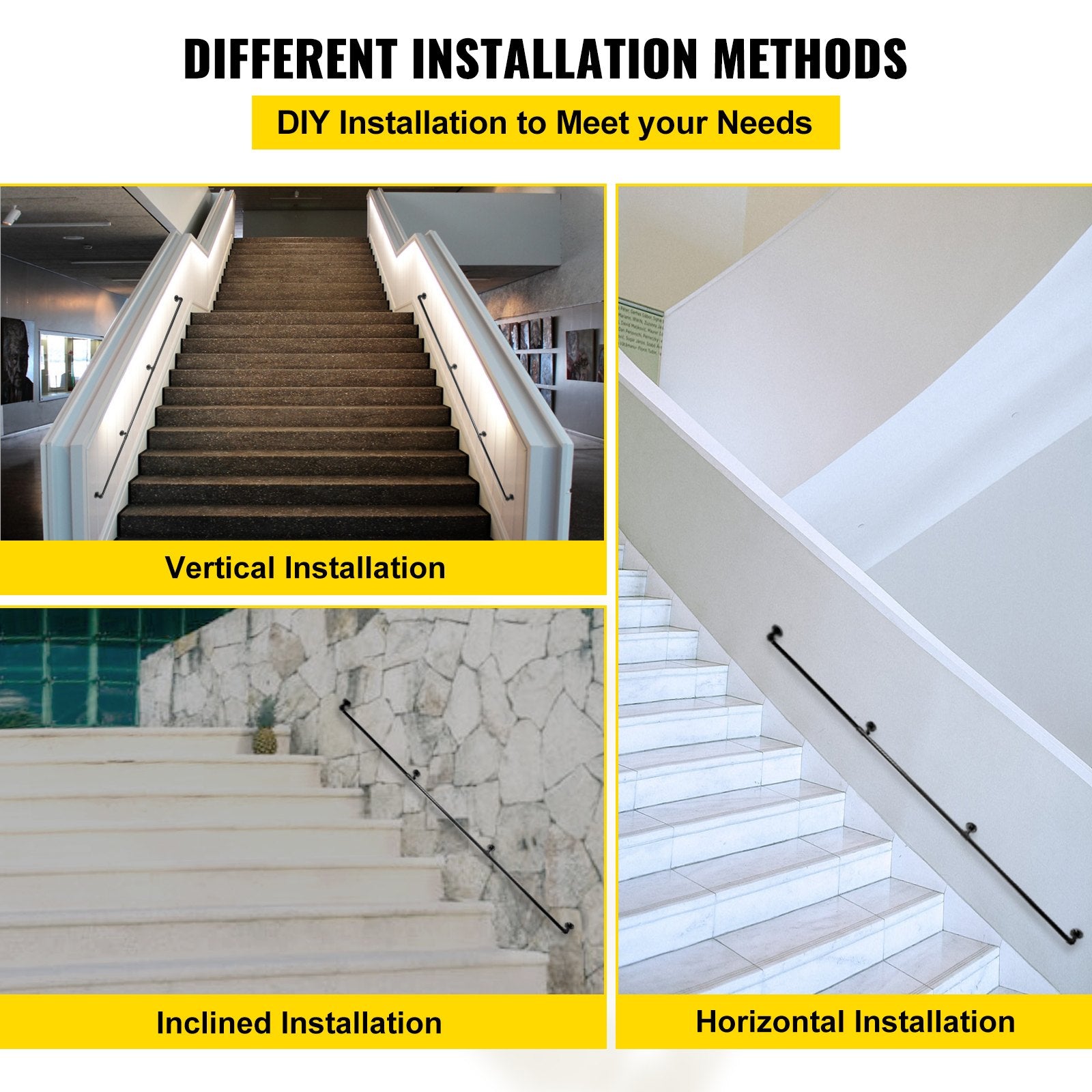 VEVOR Pipe Stair Handrail, 9FT Staircase Handrail, 440LBS Load Capacity Carbon Steel Pipe Handrail, Industrial Pipe Handrail with Wall Mount Support, Round Corner Wall Handrailings for Indoor, Outdoor