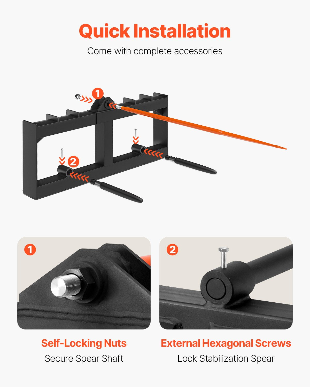 VEVOR 49" Hay Spear, Bale Spears 726kg Loading Capacity, Skid Steer Loader Tractor Attachment with 2pcs 17.5" Stabilizer Spears, Quick Attach Spike Forks