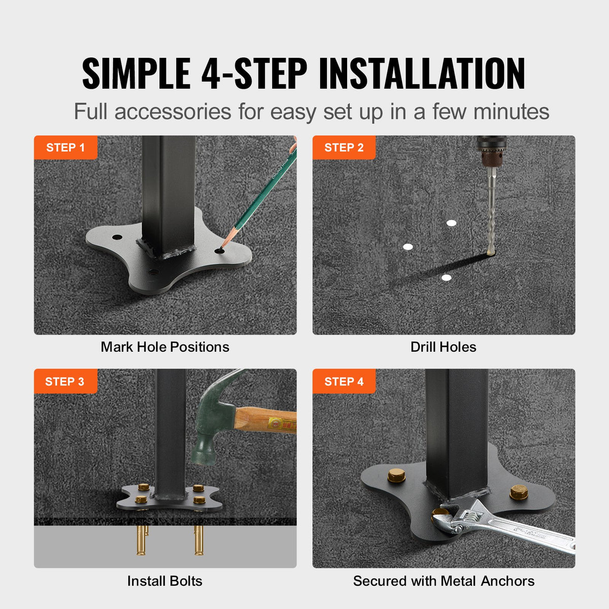 VEVOR Iron Handrail Stair Railing Hand Rail Kit 1-4 Steps Outdoor Black w/ Bars