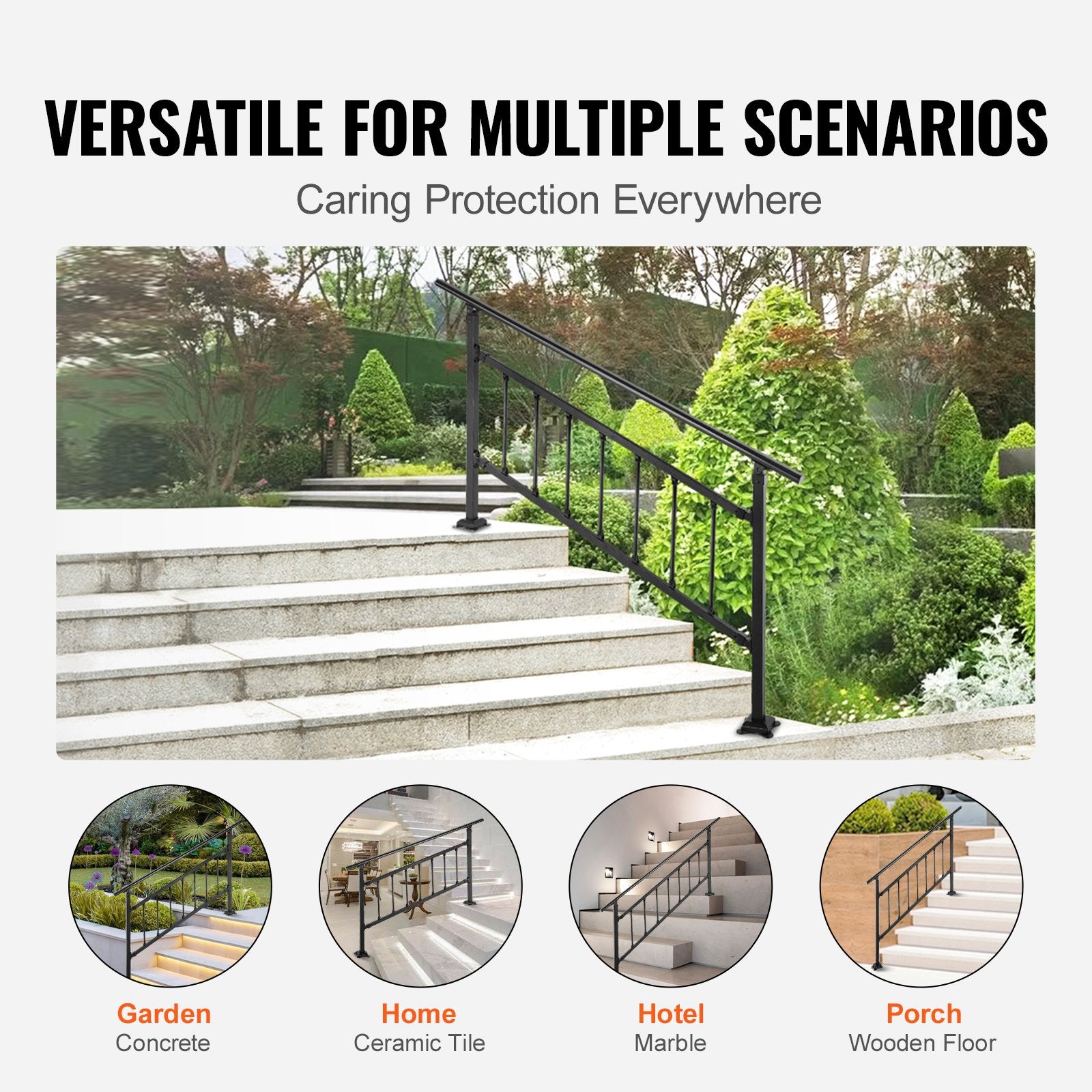 VEVOR Iron Handrail Stair Railing Hand Rail Kit 1-4 Steps Outdoor Black w/ Bars