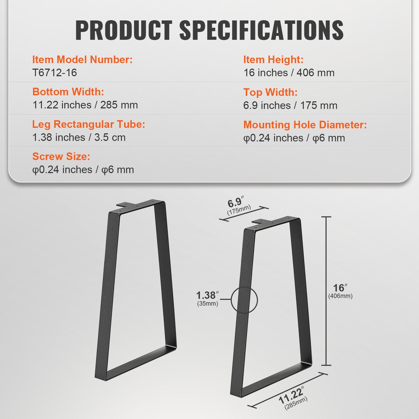 VEVOR 406.4MM Trapezoid Steel Table Legs, Replacement Furniture Legs Set of 2 for DIY Coffee Tables, Modern Desks, Bench, Night Stands, Sofa, Max Load 181.4KG Heavy Duty, Quick Instalation Legs Black