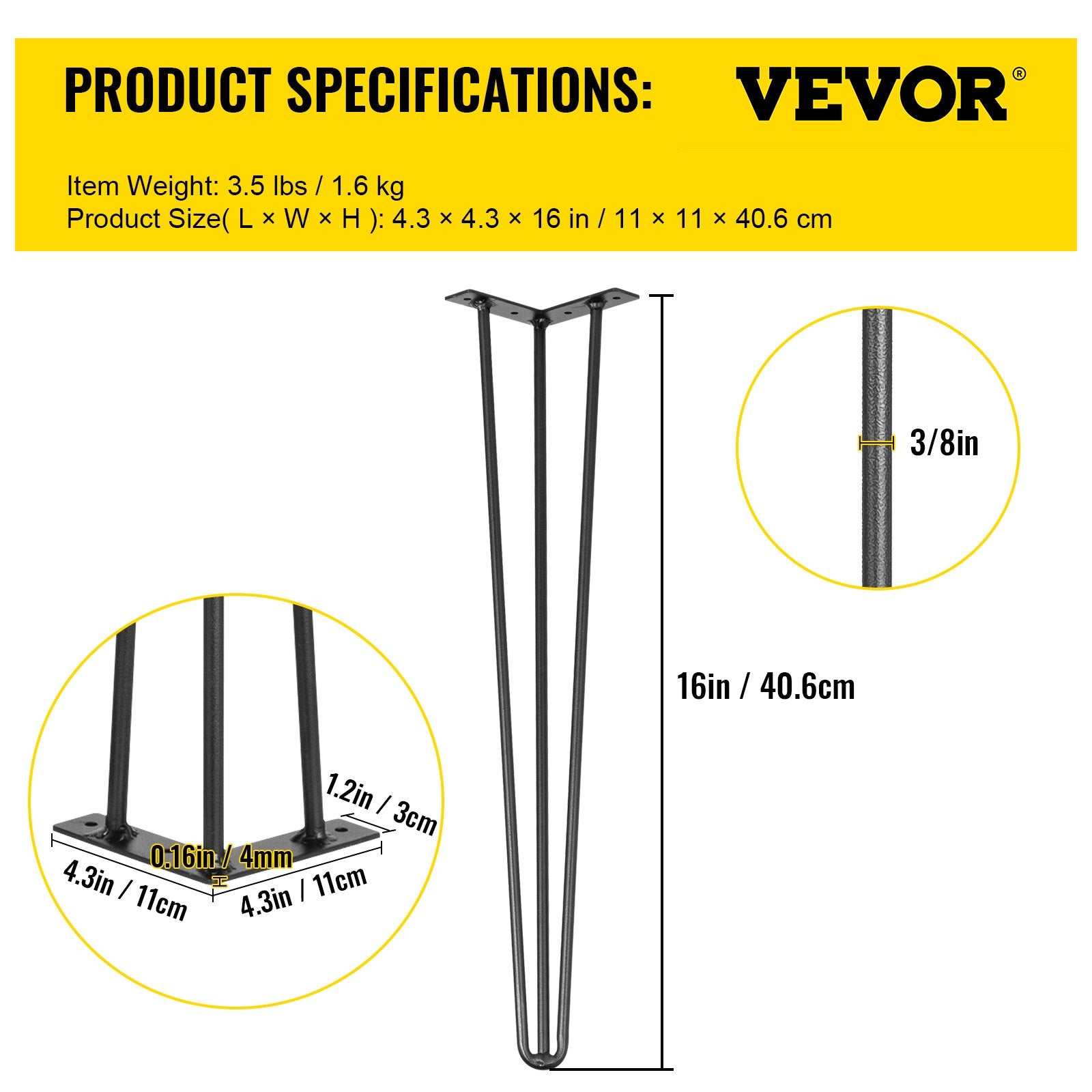 VEVOR Hairpin Table Legs 16 inch, Set of 4 DIY Desk Table Legs 3 Rods Heavy Duty