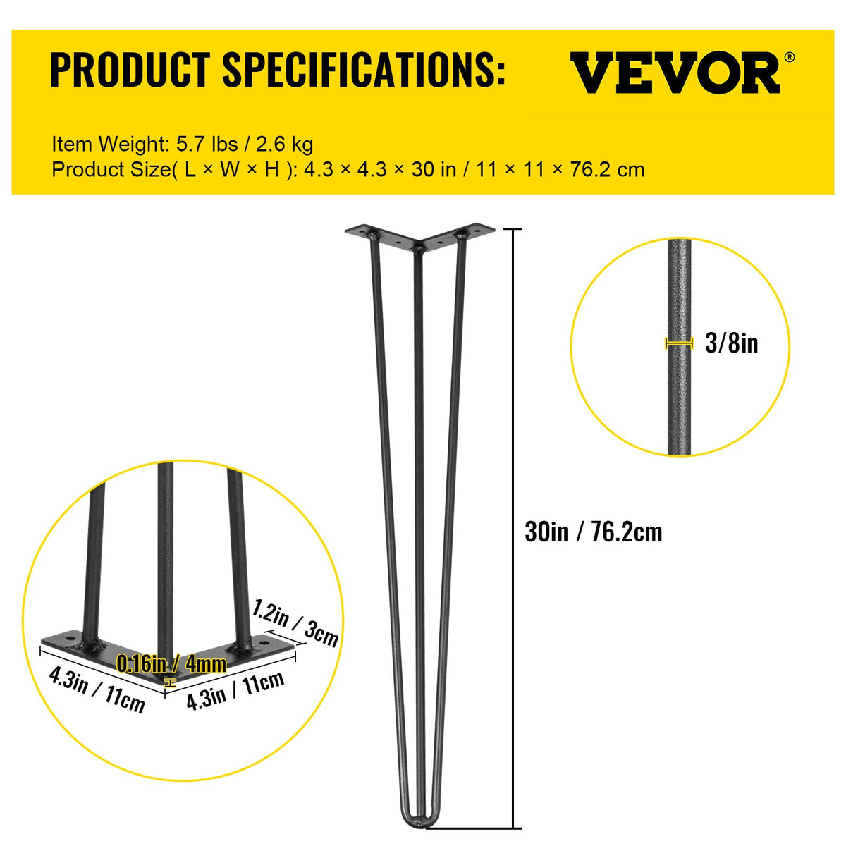VEVOR Hairpin Table Legs 30 inch Black Set of 4 Desk Legs Each 220lbs Capacity Hairpin Desk Legs 3 Rods for Bench Desk Dining End Table Chairs Carbon Steel DIY Table Legs Heavy Duty Furniture Legs