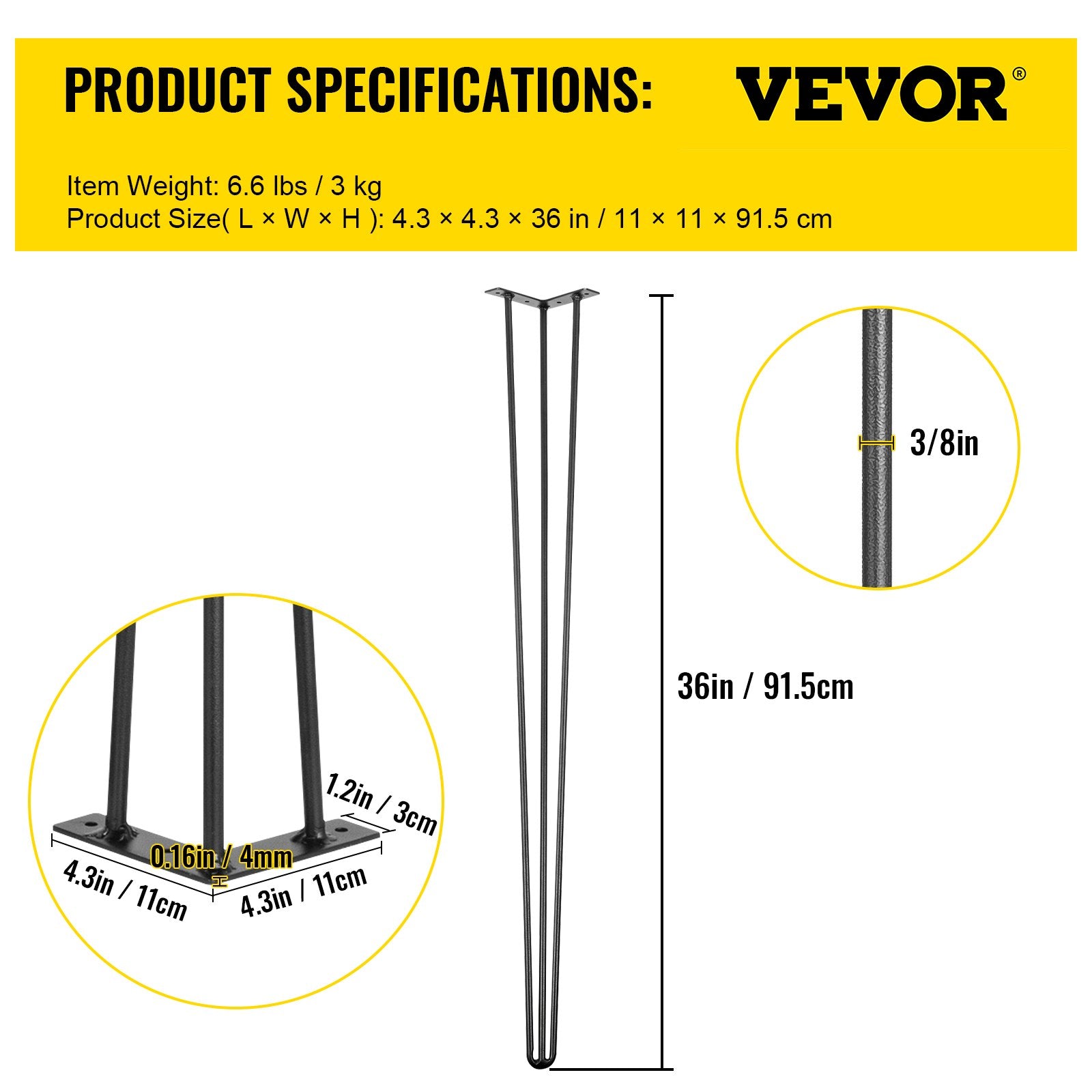 VEVOR Hairpin Table Legs 36 inch, Set of 4 DIY Desk Table Legs 3 Rods Heavy Duty