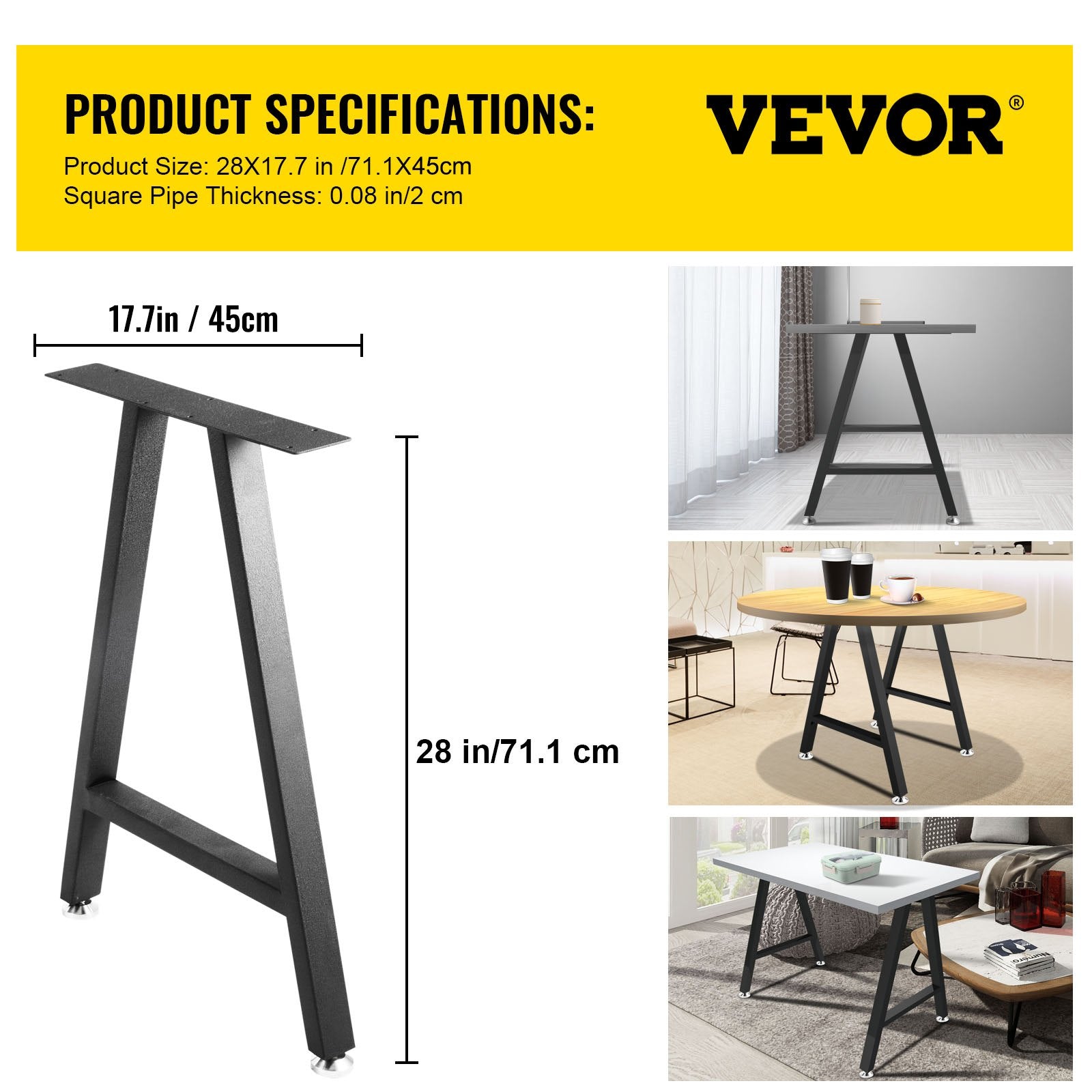 VEVOR Metal Table Legs 28 x 17.7 inch A-Shaped Desk Legs Set of 2 Heavy Duty Bench Legs with Polyurethane Coating, Furniture Legs with Floor Protectors, Wrought Iron Coffee Table Legs for Home DIY Bla