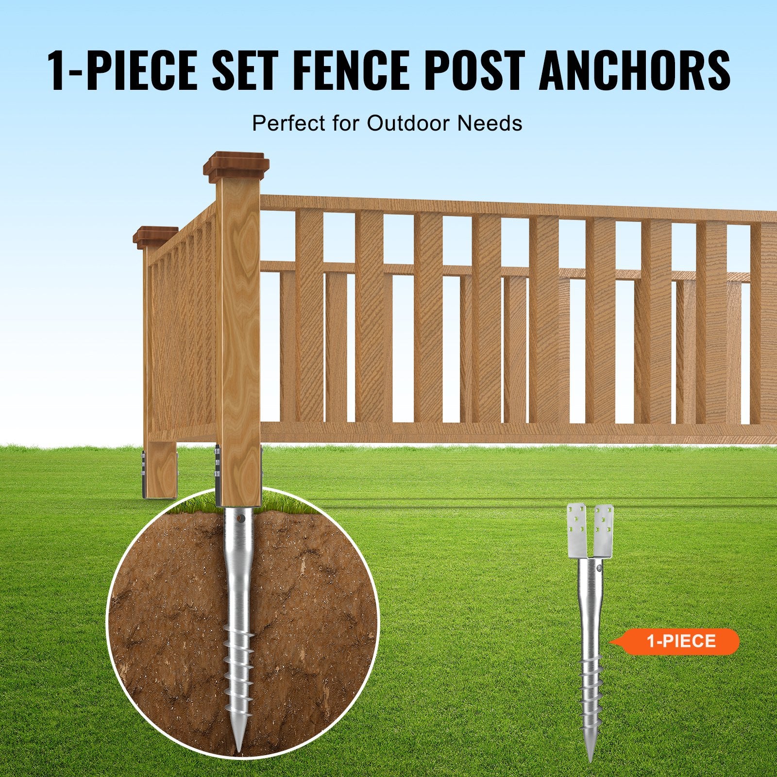 VEVOR No Dig Ground Anchor, 1 Pack 10 x 7 x 70 cm DIY Screw in Post Stake, Includes 6 Lag Bolts & a Rebar, U-Shape Heavy Duty Steel Post Holder, Great for Mailbox Posts and Fence Posts