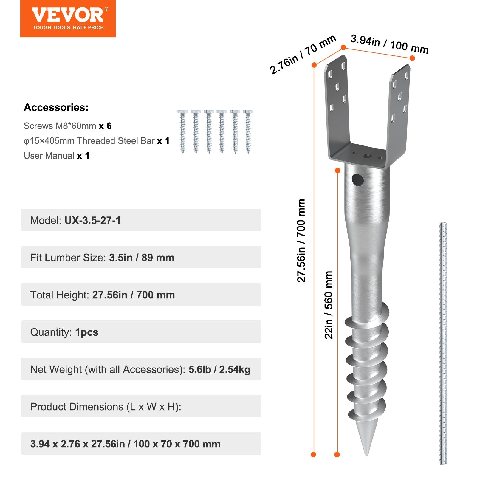 VEVOR No Dig Ground Anchor, 1 Pack 10 x 7 x 70 cm DIY Screw in Post Stake, Includes 6 Lag Bolts & a Rebar, U-Shape Heavy Duty Steel Post Holder, Great for Mailbox Posts and Fence Posts