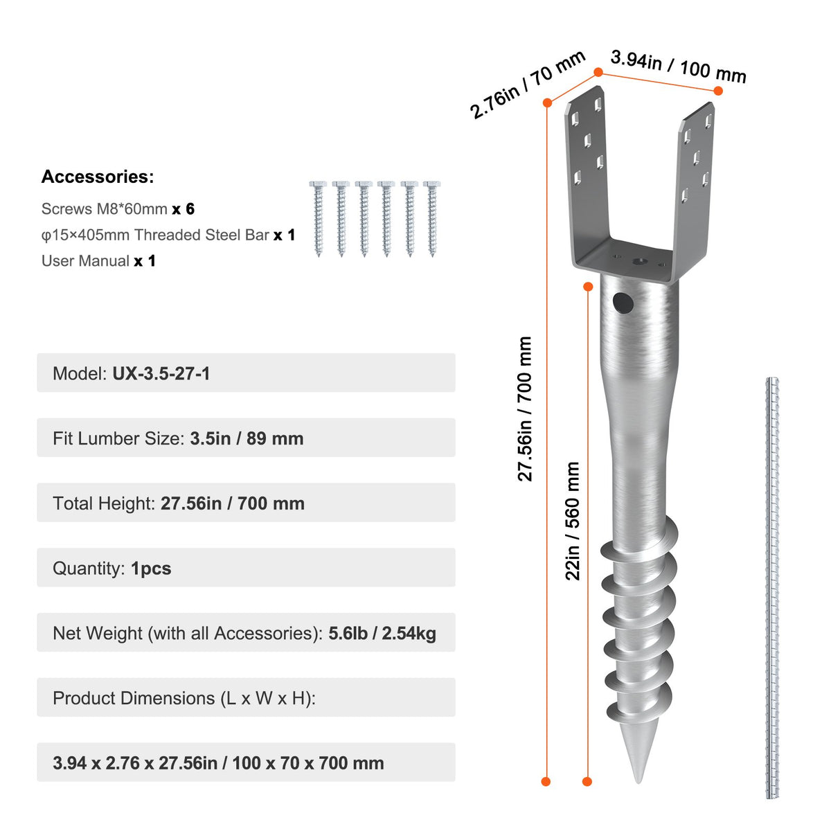 VEVOR No Dig Ground Anchor, 1 Pack 10 x 7 x 70 cm DIY Screw in Post Stake, Includes 6 Lag Bolts & a Rebar, U-Shape Heavy Duty Steel Post Holder, Great for Mailbox Posts and Fence Posts