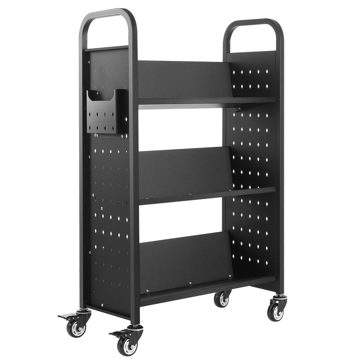 Rolling Library Book Cart, 150 kg Capacity, 77 x 38 x 122 cm Library Cart, Single Sided V-Shaped Shelves with 76.2 mm Lockable Wheels, Book Truck for Home Shelves Office and School, Black