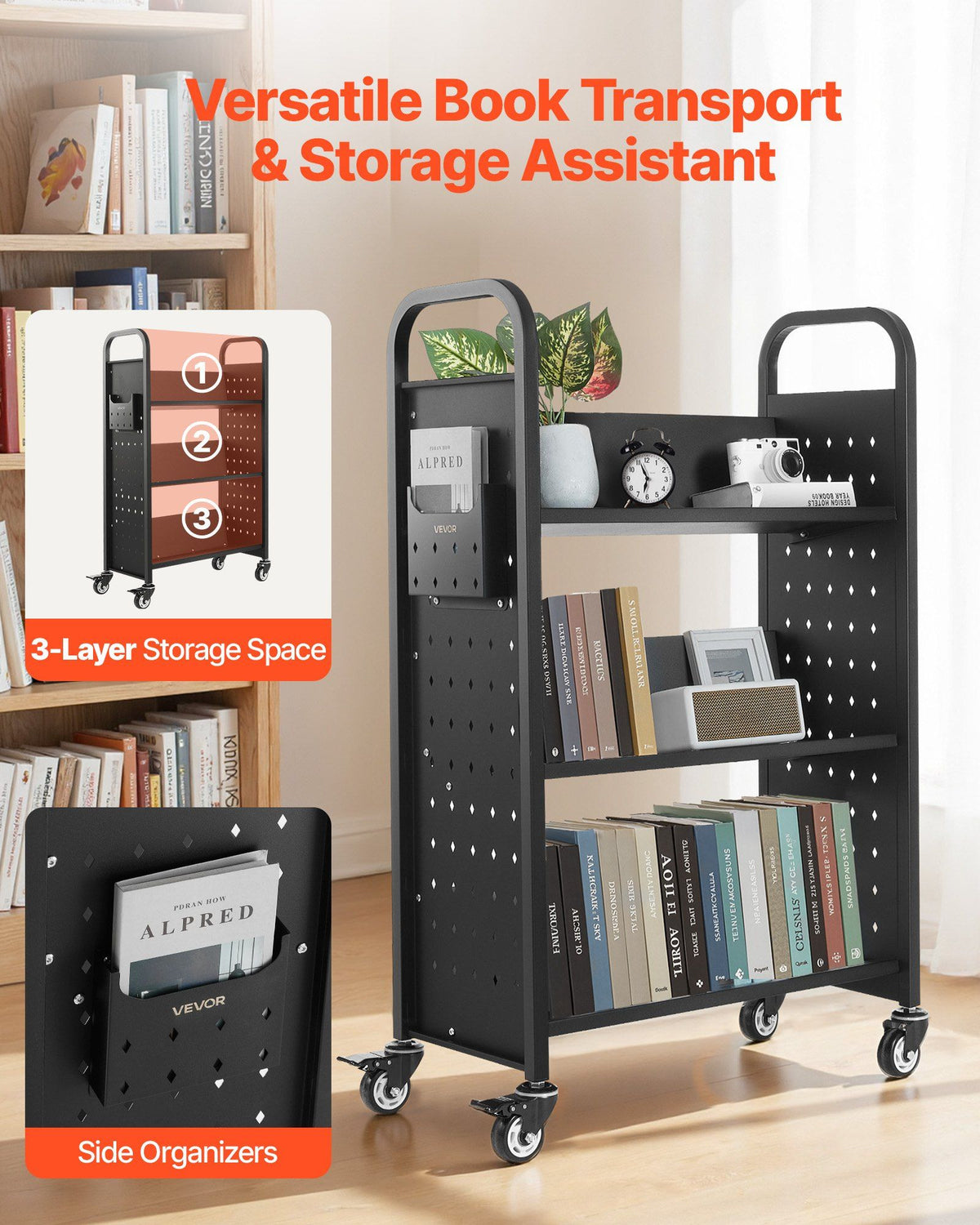 Rolling Library Book Cart, 150 kg Capacity, 77 x 38 x 122 cm Library Cart, Single Sided V-Shaped Shelves with 76.2 mm Lockable Wheels, Book Truck for Home Shelves Office and School, Black