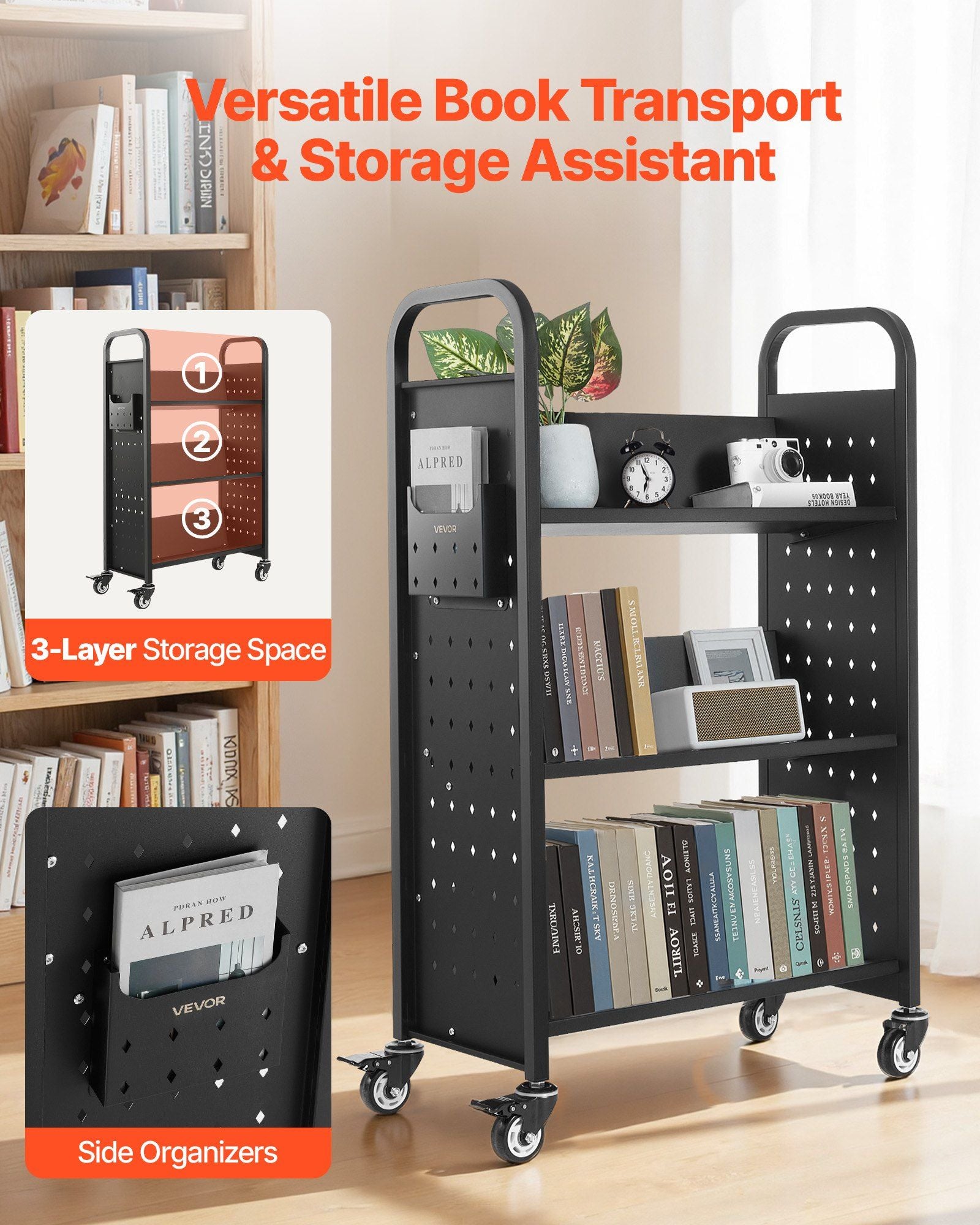Rolling Library Book Cart, 150 kg Capacity, 77 x 38 x 122 cm Library Cart, Single Sided V-Shaped Shelves with 76.2 mm Lockable Wheels, Book Truck for Home Shelves Office and School, Black