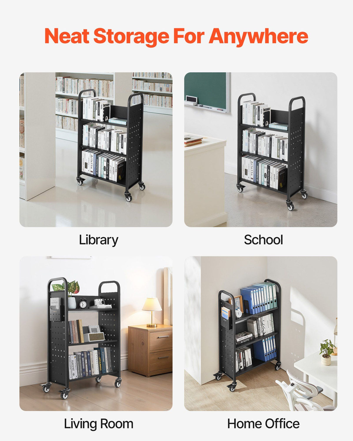 Rolling Library Book Cart, 150 kg Capacity, 77 x 38 x 122 cm Library Cart, Single Sided V-Shaped Shelves with 76.2 mm Lockable Wheels, Book Truck for Home Shelves Office and School, Black