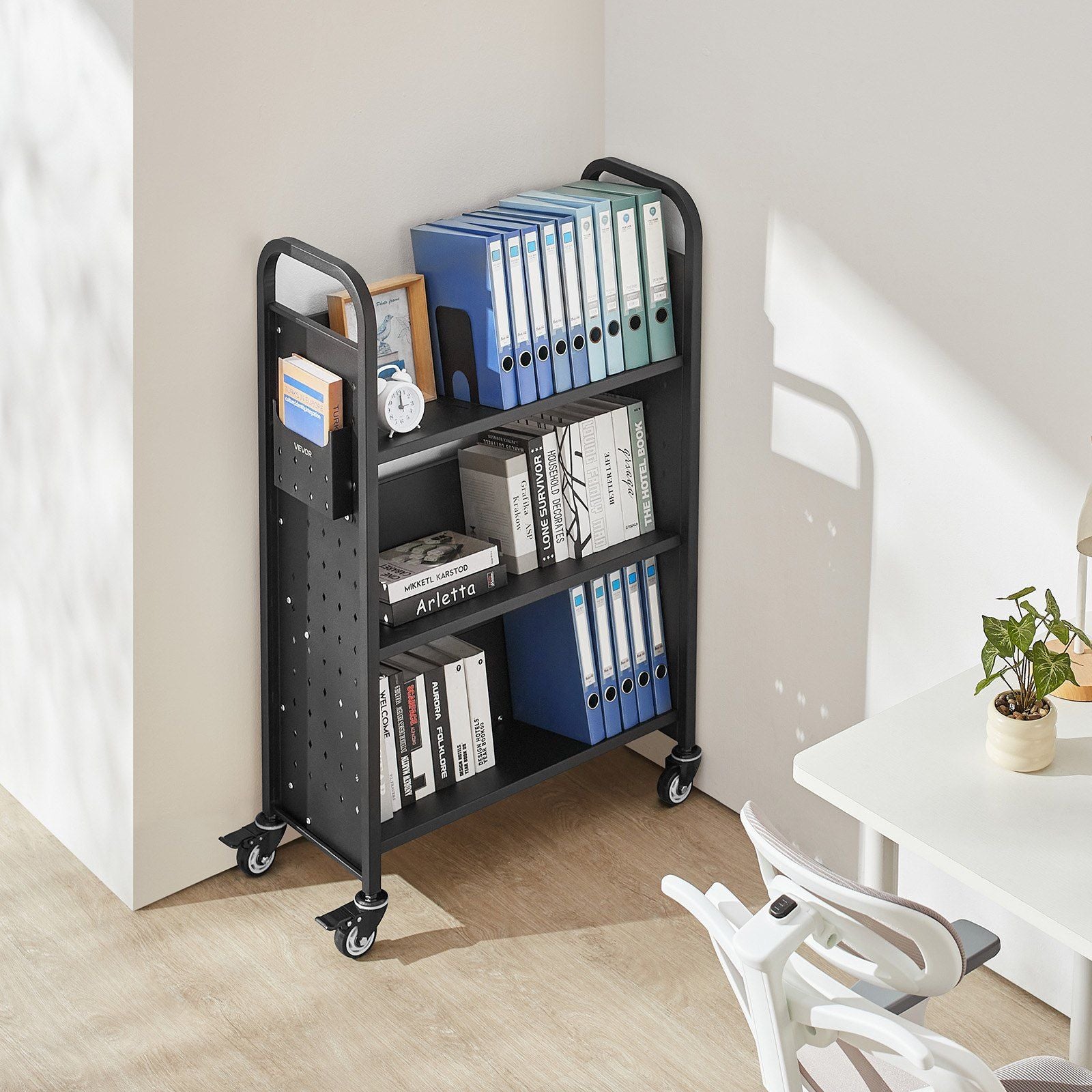 Rolling Library Book Cart, 150 kg Capacity, 77 x 38 x 122 cm Library Cart, Single Sided V-Shaped Shelves with 76.2 mm Lockable Wheels, Book Truck for Home Shelves Office and School, Black