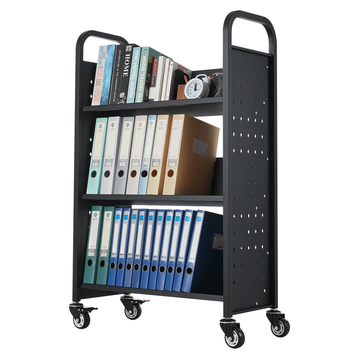 Rolling Library Book Cart, 150 kg Capacity, 77 x 38 x 122 cm Library Cart, Single Sided V-Shaped Shelves with 76.2 mm Lockable Wheels, Book Truck for Home Shelves Office and School, Black