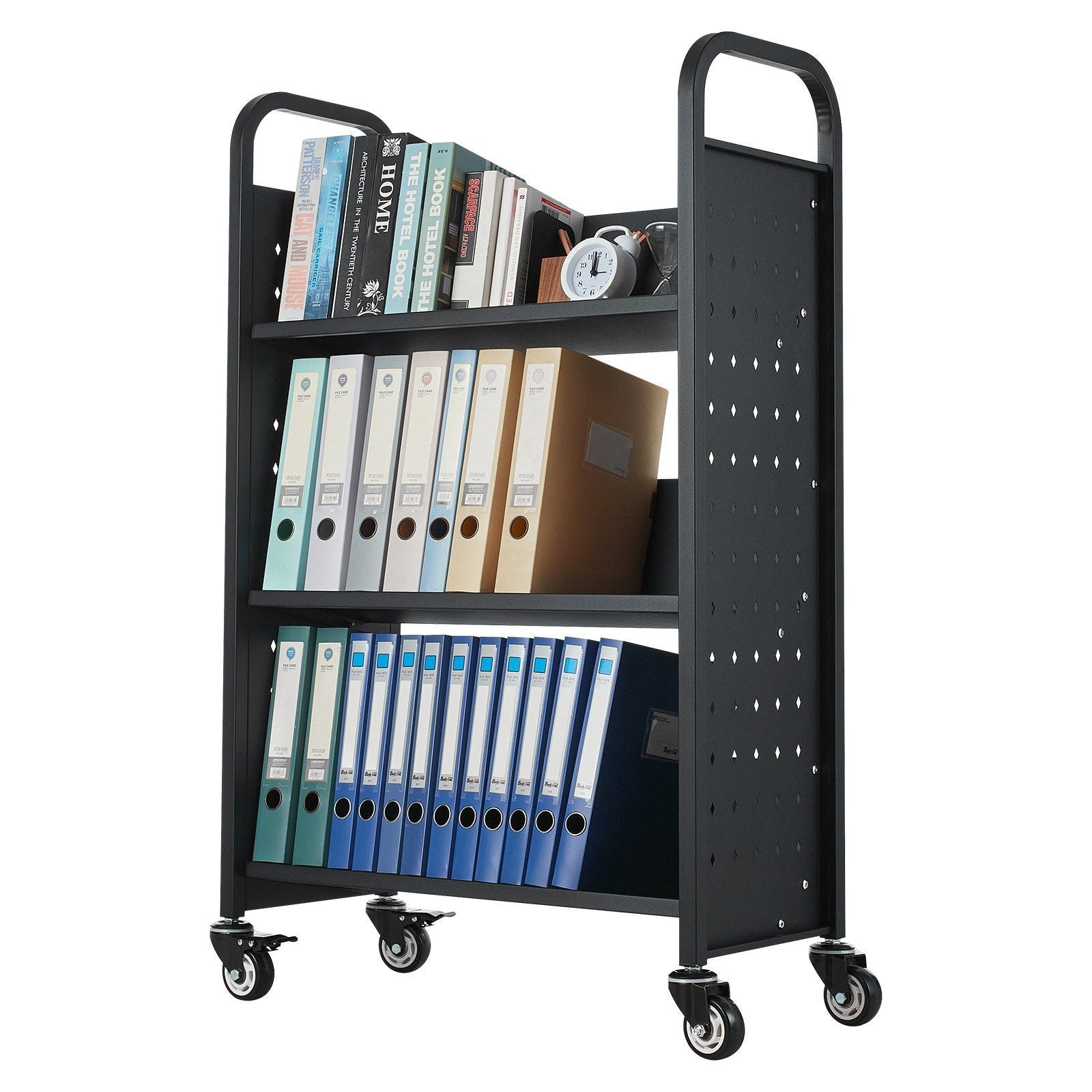 Rolling Library Book Cart, 150 kg Capacity, 77 x 38 x 122 cm Library Cart, Single Sided V-Shaped Shelves with 76.2 mm Lockable Wheels, Book Truck for Home Shelves Office and School, Black
